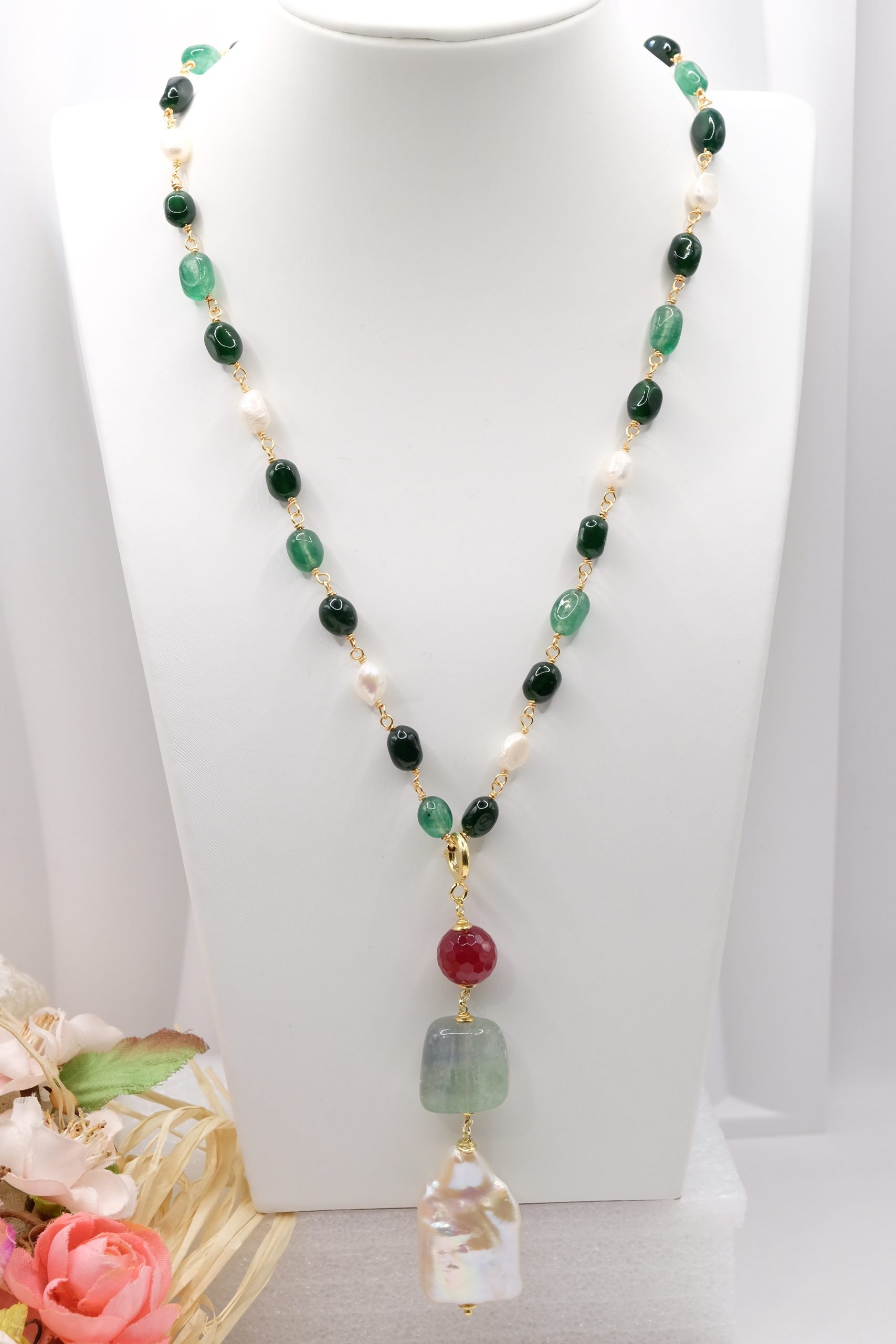 COLLANA ARTIGIANALE CIONDOLO FLUORITE GIADA BORGOGNA PERLA TORMALINE ROSARIO (2)