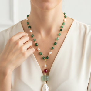 Collana Tormaline Verdi a Rosario Ciondolo Fluorite Perla Borgogna Argento