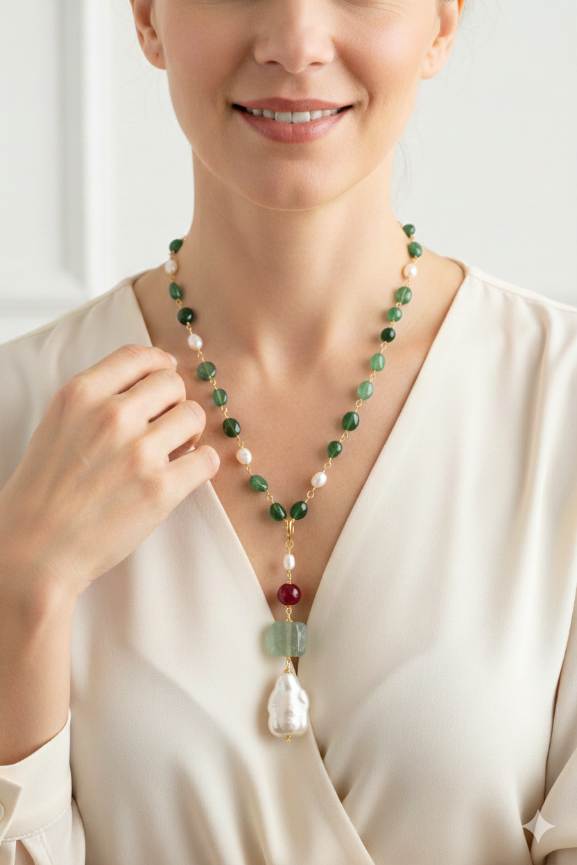 COLLANA ARTIGIANALE CIONDOLO FLUORITE GIADA BORGOGNA PERLA TORMALINE ROSARIO