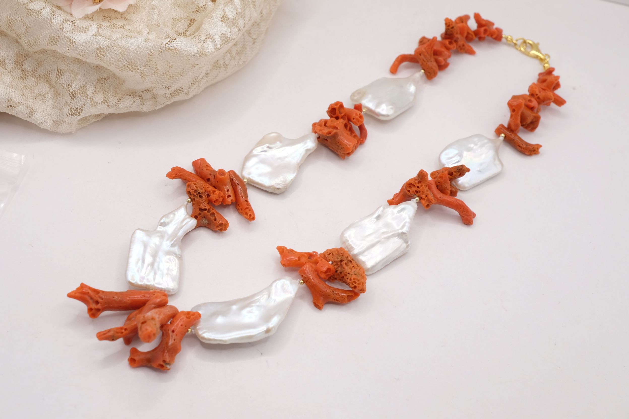 COLLANA ARTIGIANALE CORALLO NATURALE GRANDI PERLE ARGENTO (3)