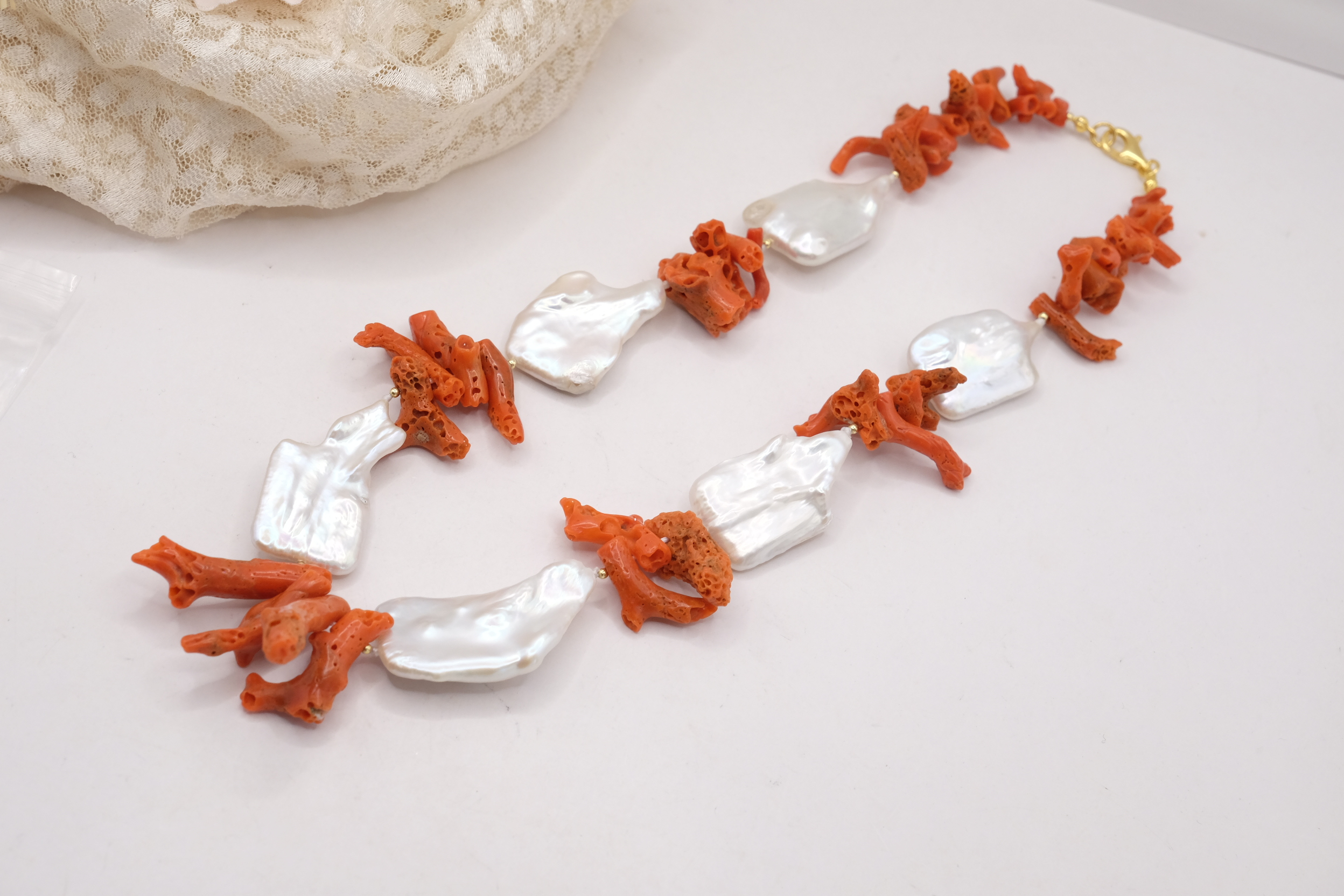 COLLANA ARTIGIANALE CORALLO NATURALE GRANDI PERLE ARGENTO (5)