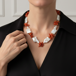 Collana Artigianale Grandi Perle Naturali Corallo Mediterraneo Argento 925 Dorato