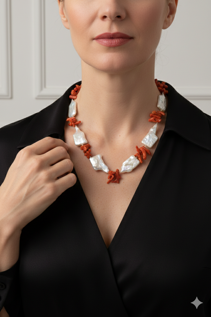 COLLANA ARTIGIANALE GRANDI PERLE NATURALI CORALLO MEDITERRANEO ARGENTO DORATO