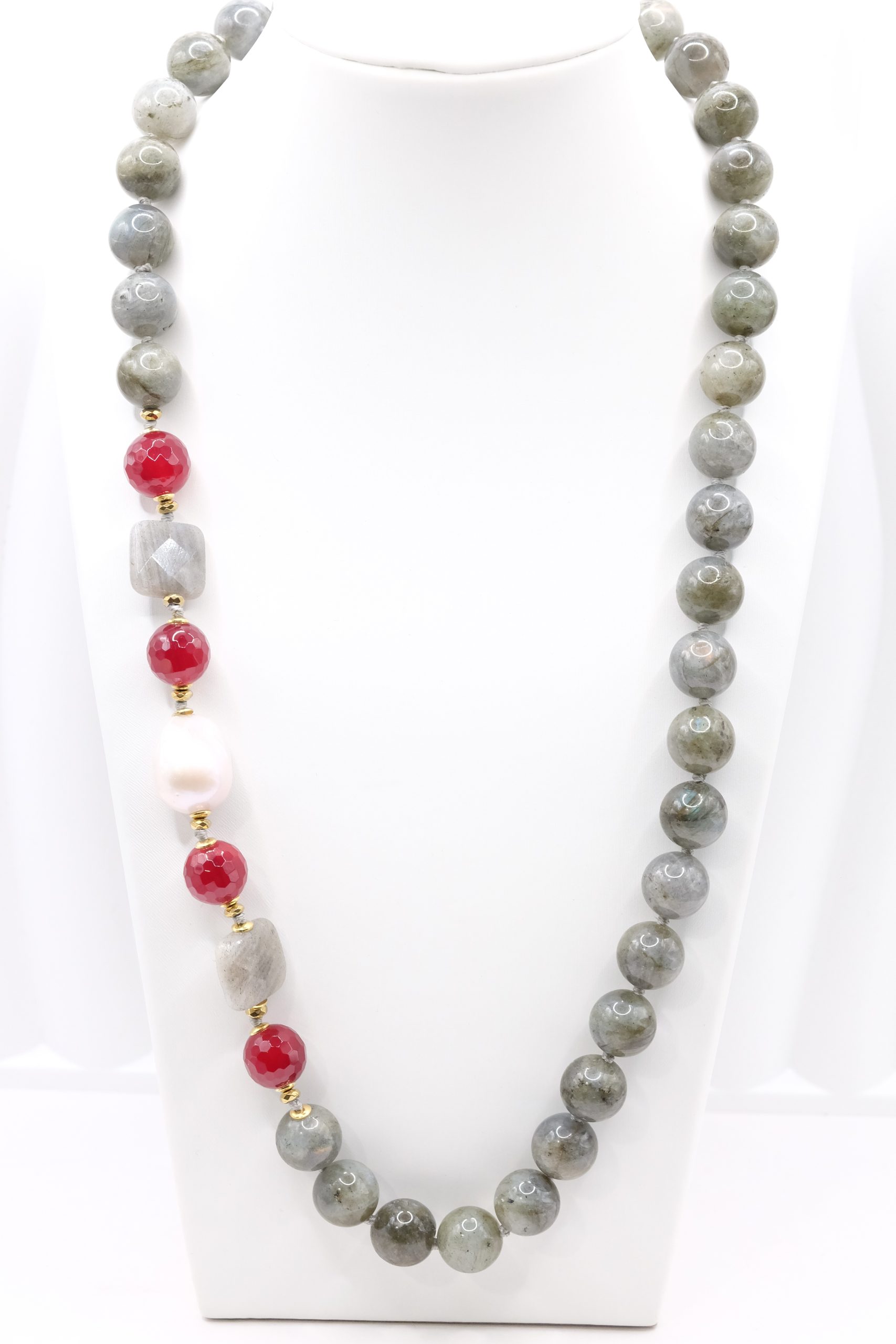 HANDMADE LABRADORITE, BURGUNDY JADE, PEARL, 925 SILVER NECKLACE (2)