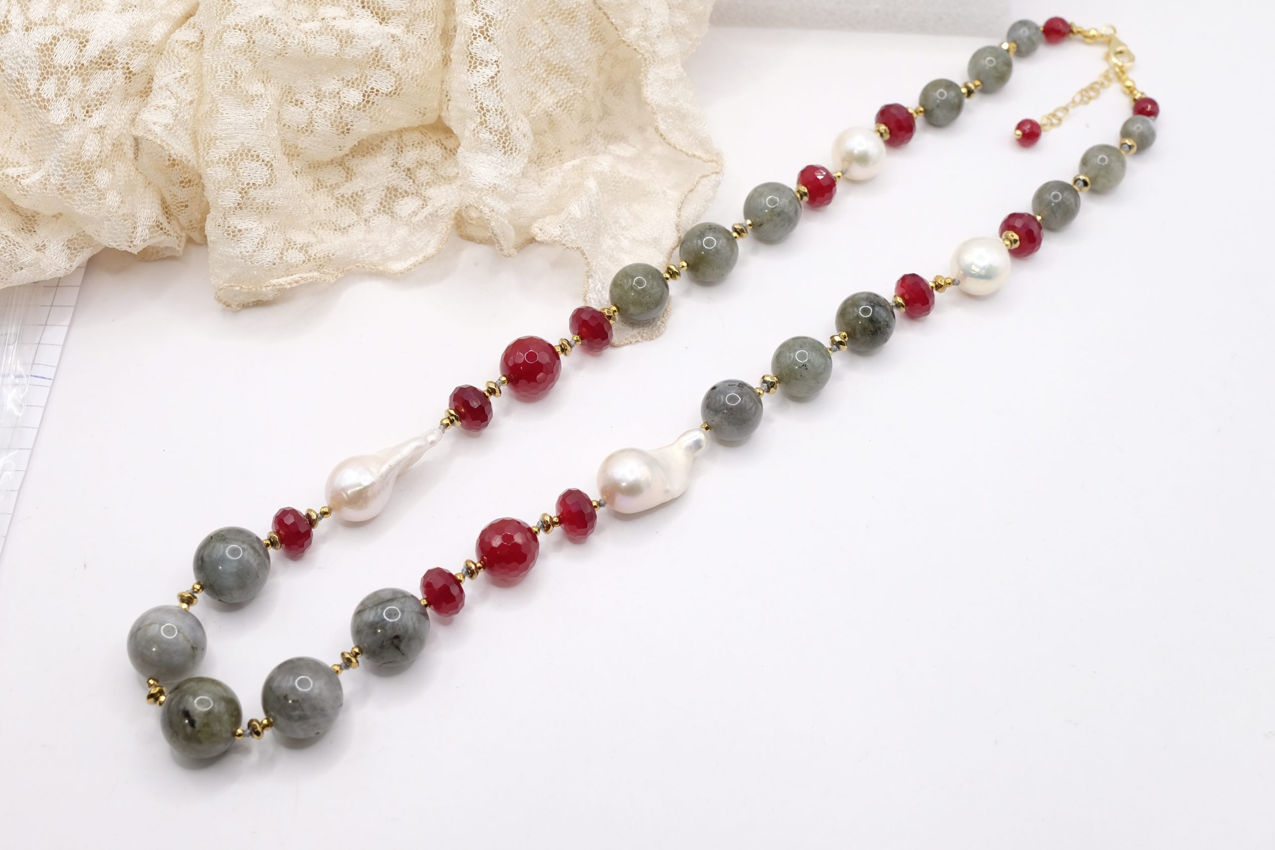 HANDMADE LABRADORITE, BURGUNDY JADE, PEARL, 925 SILVER NECKLACE (3)