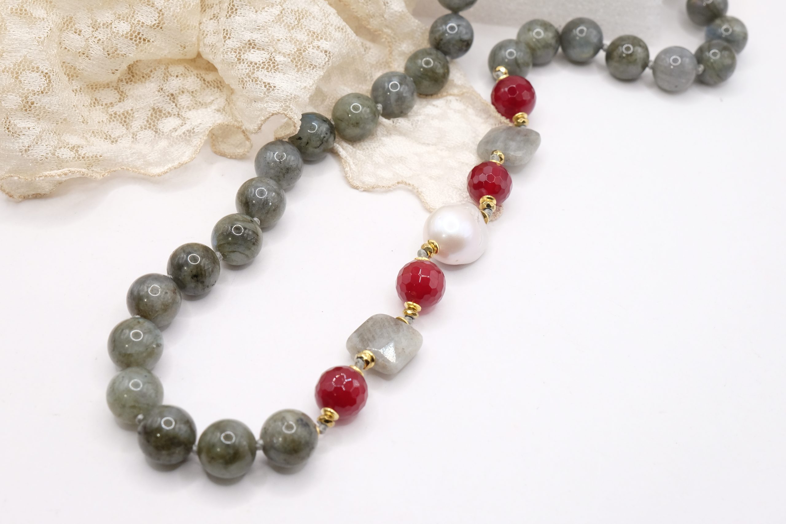 HANDMADE LABRADORITE, BURGUNDY JADE, 925 SILVER PEARL NECKLACE (5)
