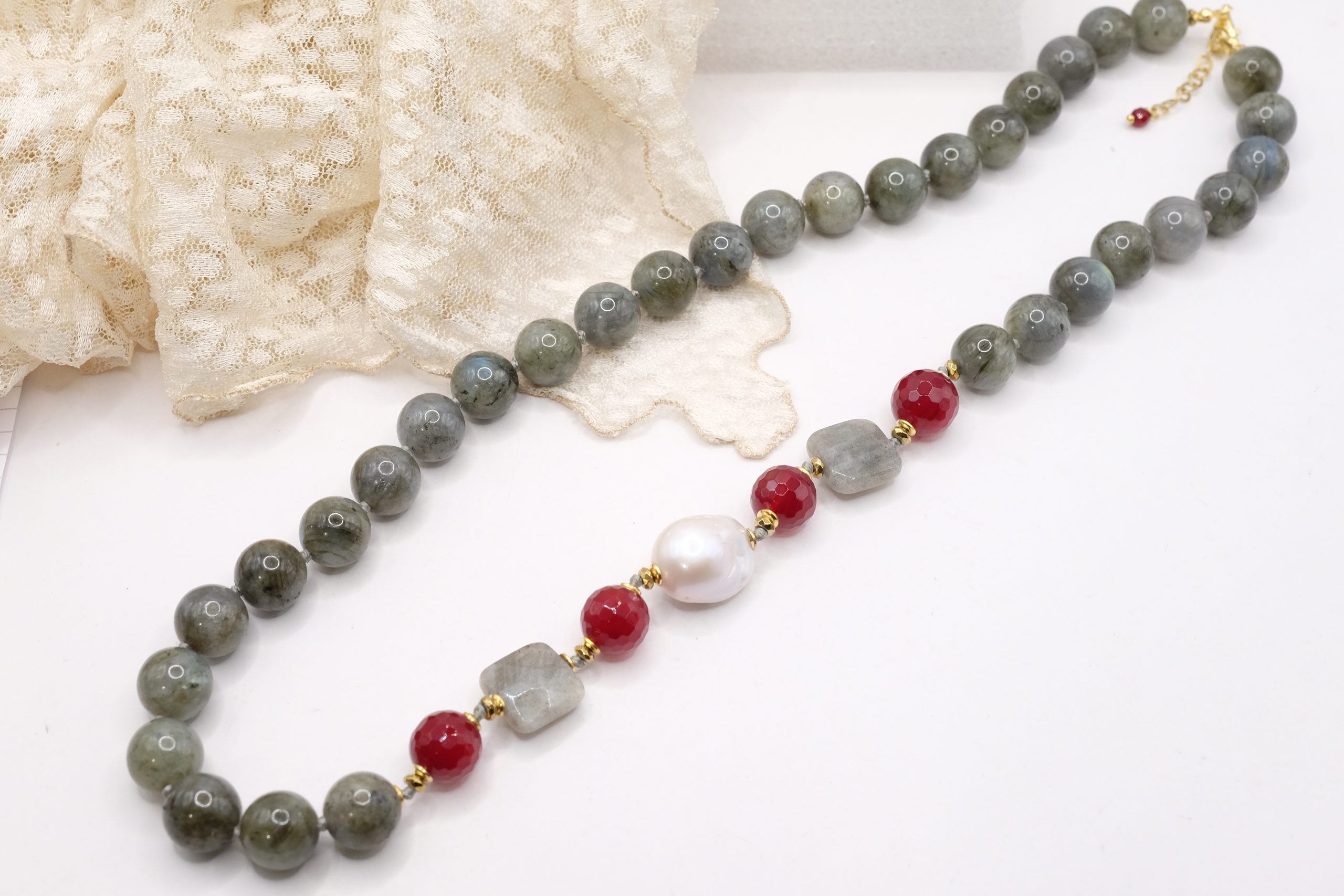 HANDMADE LABRADORITE, BURGUNDY JADE, 925 SILVER PEARL NECKLACE (7)