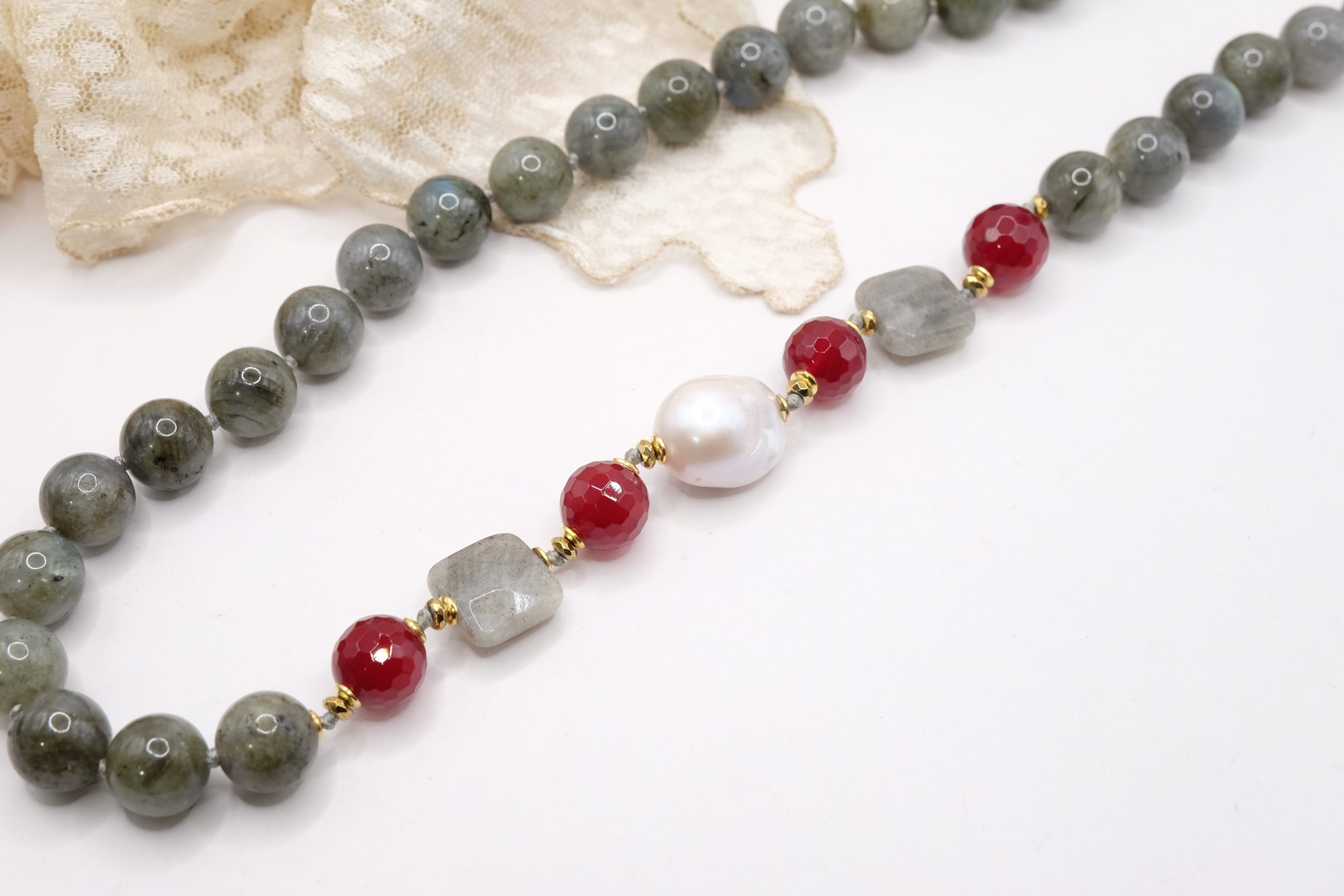HANDMADE LABRADORITE, BURGUNDY JADE, PEARL, 925 SILVER NECKLACE (8)