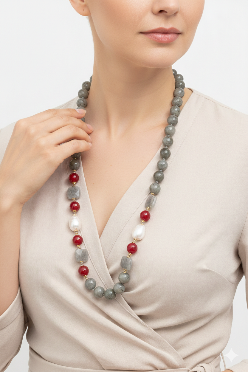 HANDMADE LABRADORITE, BURGUNDY JADE, PEARL, 925 SILVER NECKLACE