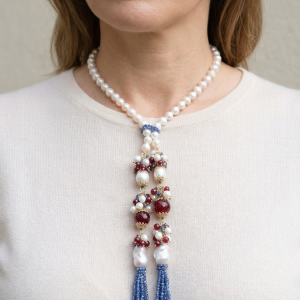 Collana Lunga Lariat Perle Giada Borgogna Zirconi Blu