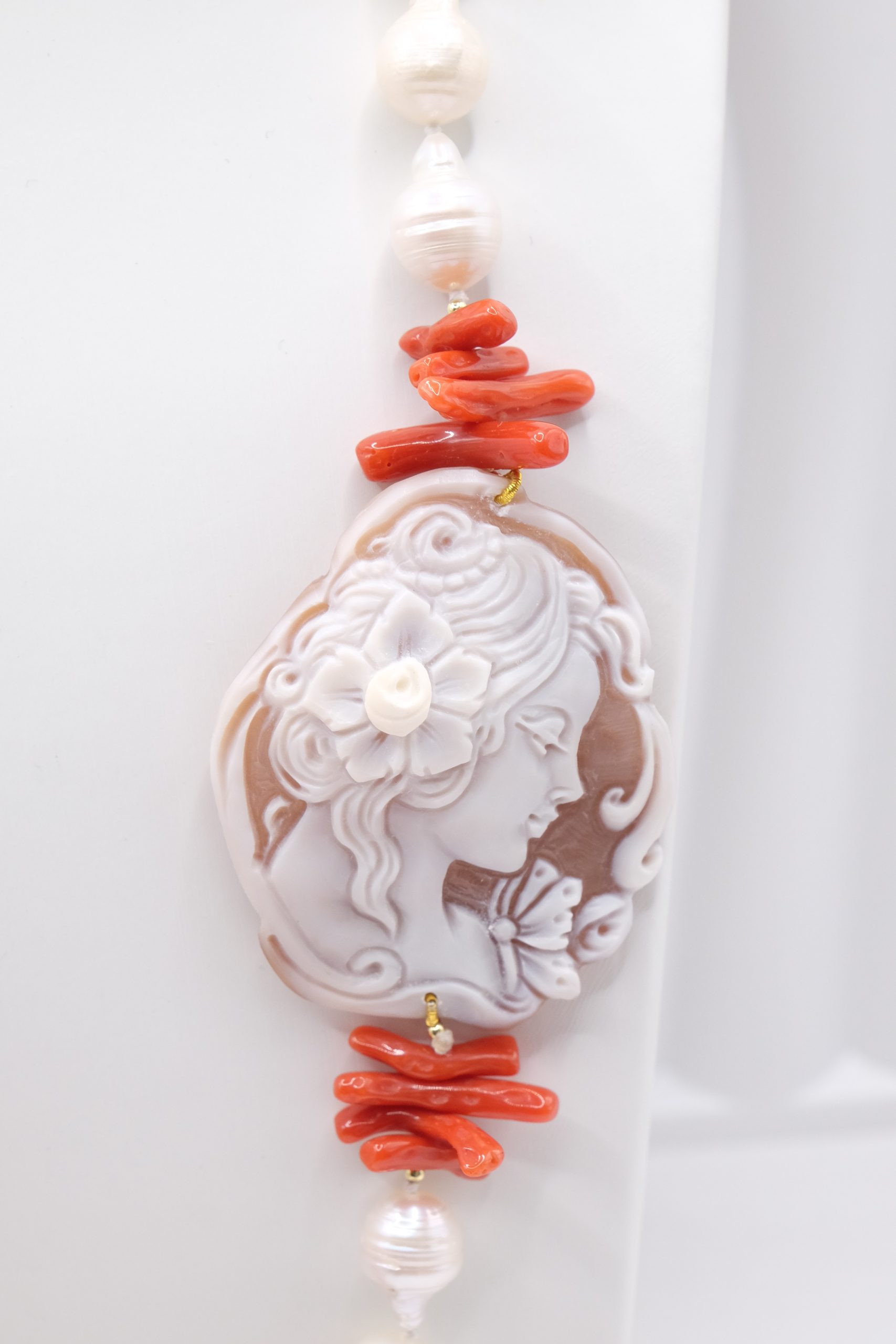 COLLANA ARTIGIANALE PERLE NATURALI CORALLO MEDITERRANEO CAMMEO TORRE DEL GRECO ARGENTO DORATO (1)