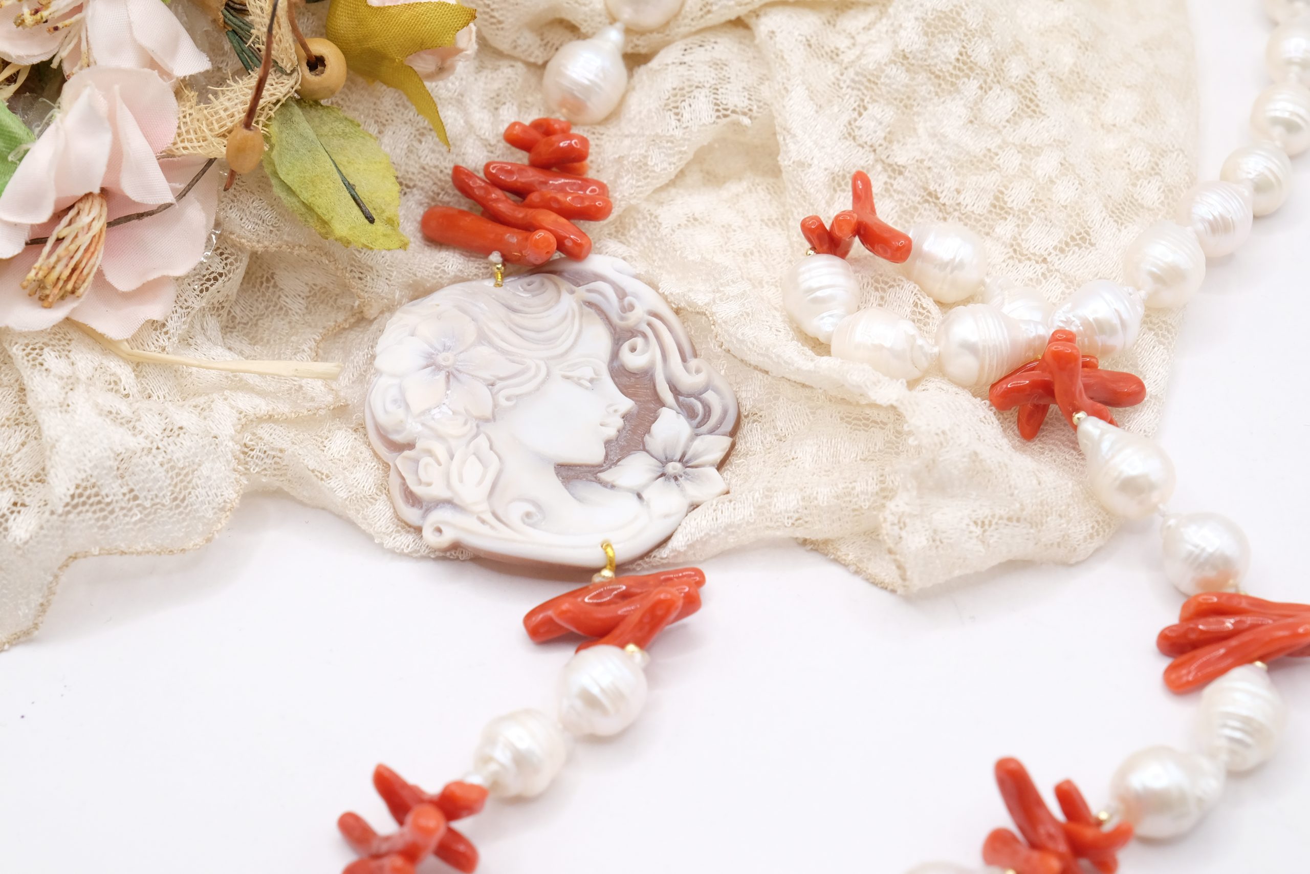 COLLANA ARTIGIANALE PERLE NATURALI CORALLO MEDITERRANEO CAMMEO TORRE DEL GRECO ARGENTO DORATO (2)