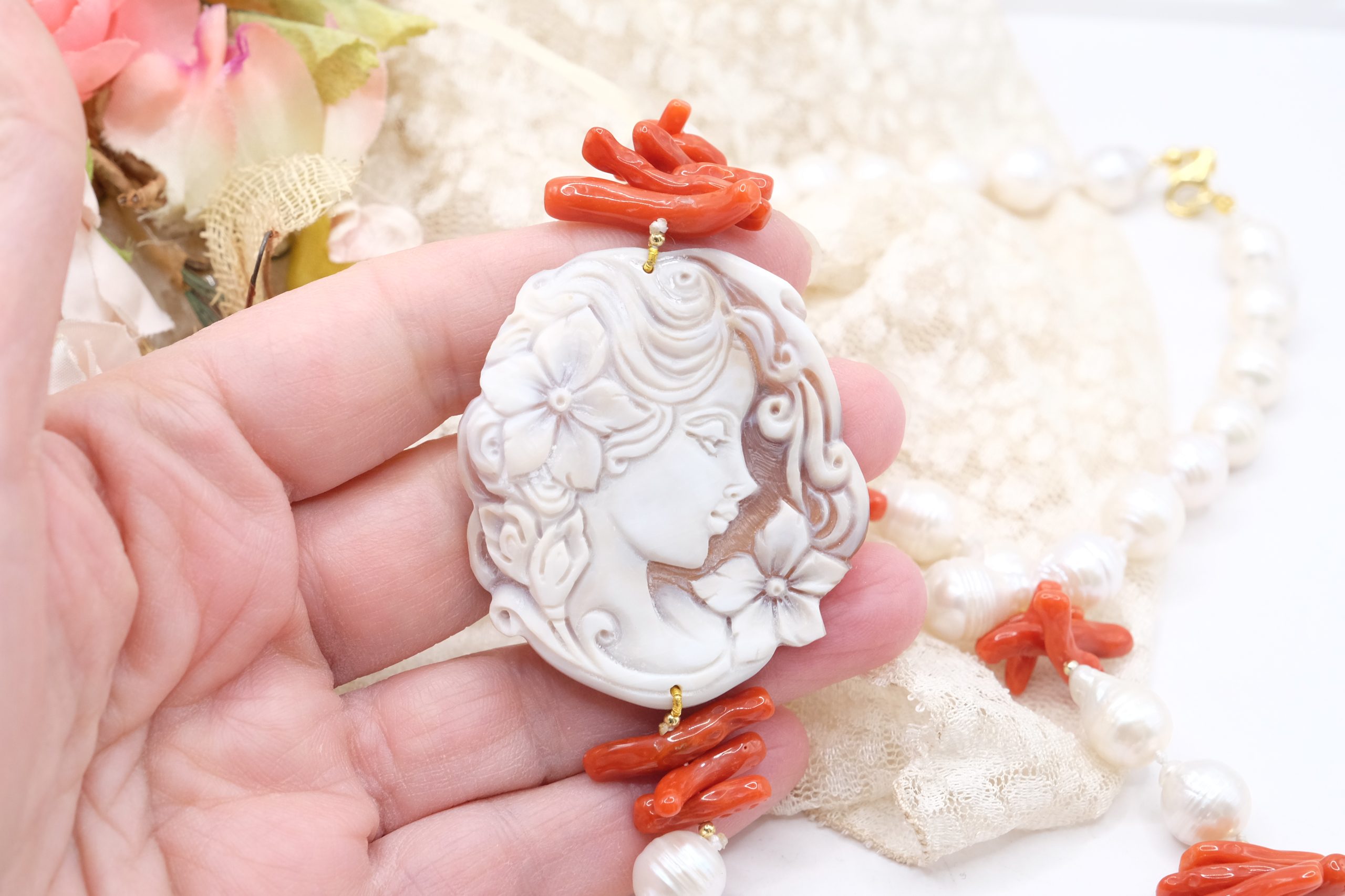 COLLANA ARTIGIANALE PERLE NATURALI CORALLO MEDITERRANEO CAMMEO TORRE DEL GRECO ARGENTO DORATO (3)