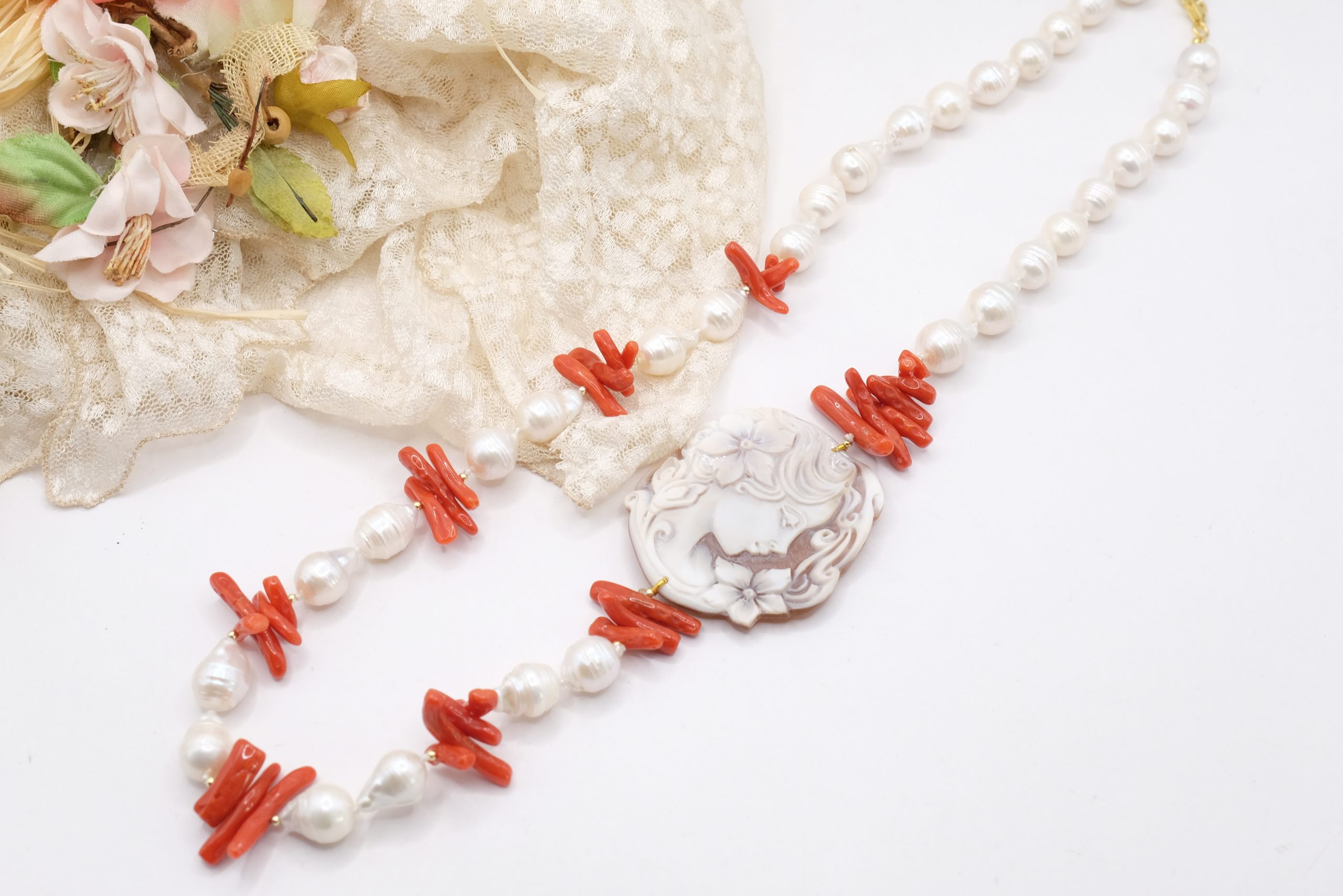 COLLANA ARTIGIANALE PERLE NATURALI CORALLO MEDITERRANEO CAMMEO TORRE DEL GRECO ARGENTO DORATO (4)