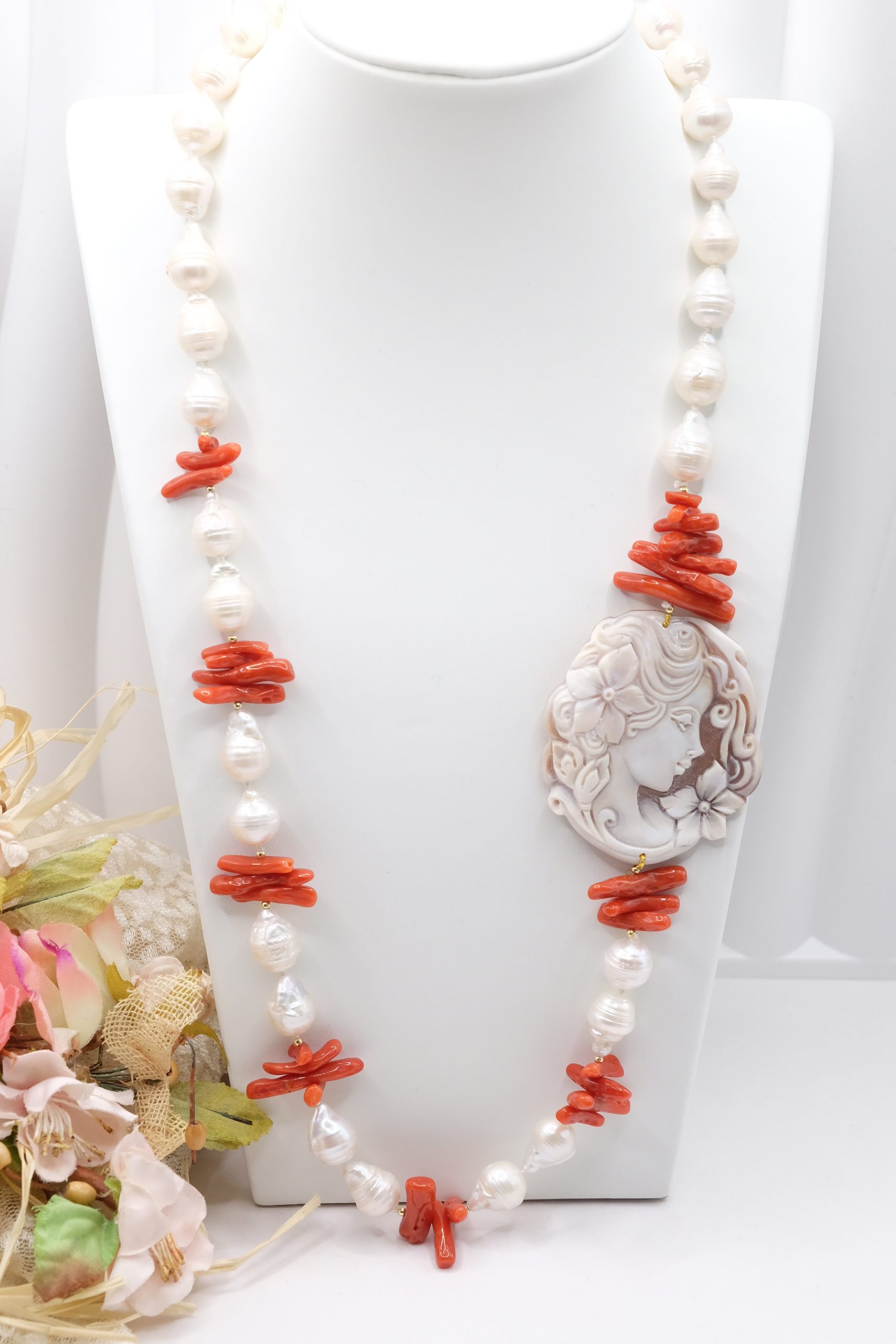 COLLANA ARTIGIANALE PERLE NATURALI CORALLO MEDITERRANEO CAMMEO TORRE DEL GRECO ARGENTO DORATO (5)