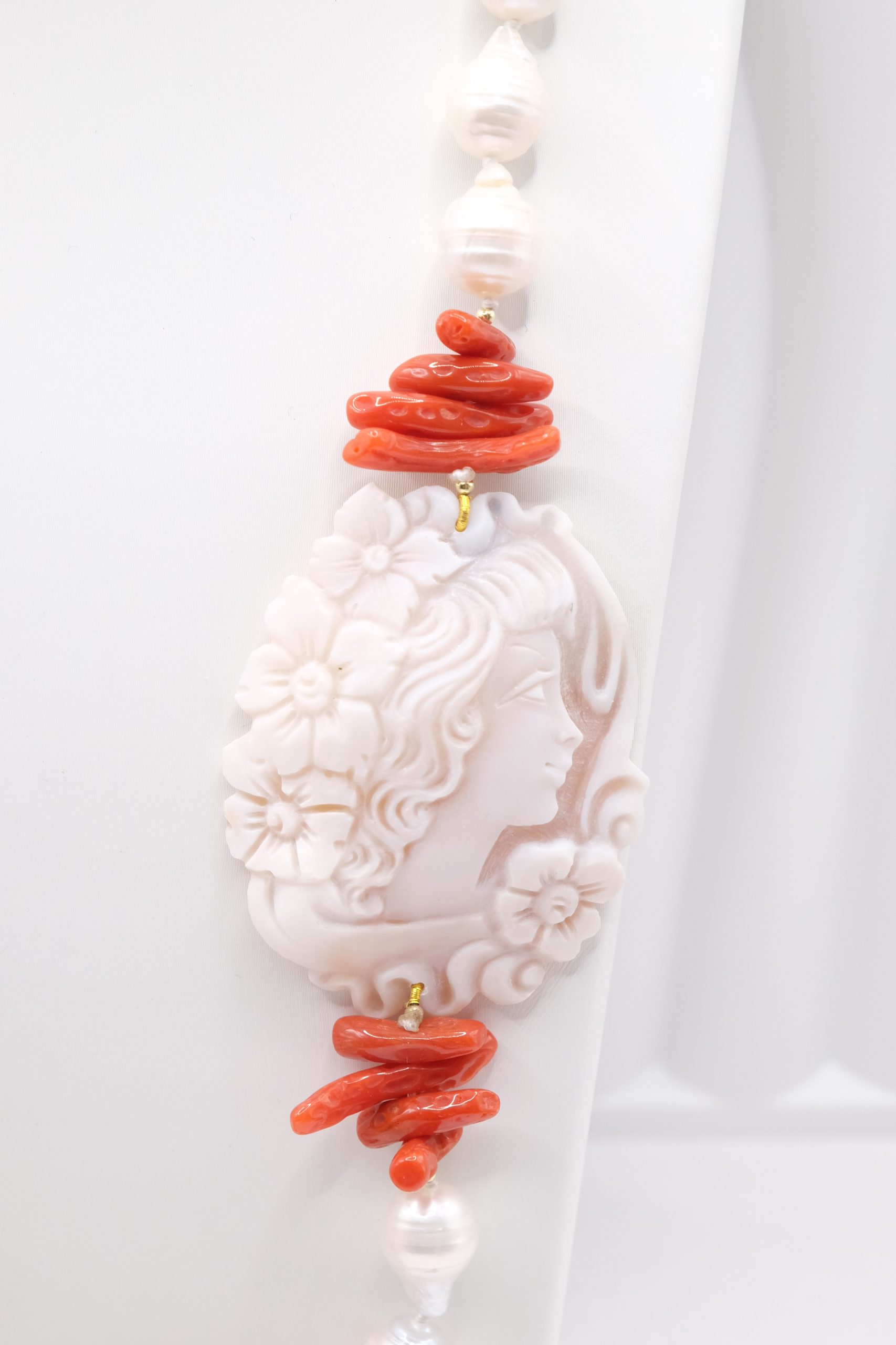 COLLANA ARTIGIANALE PERLE NATURALI CORALLO MEDITERRANEO CAMMEO TORRE DEL GRECO ARGENTO DORATO (7)