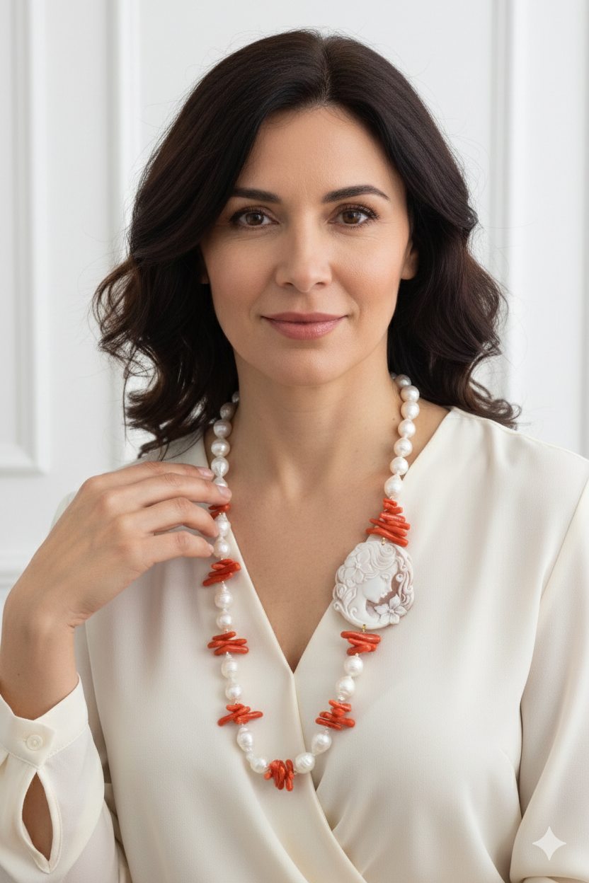 COLLANA ARTIGIANALE PERLE NATURALI CORALLO MEDITERRANEO CAMMEO TORRE DEL GRECO ARGENTO DORATO