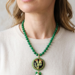 Collana Ciondolo Ceramica di Caltagirone Doppia Mattonella Giada Verde Fico