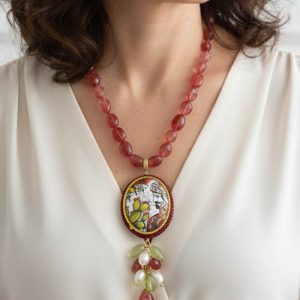 Collana Ciondolo Ceramica di Caltagirone Doppia Mattonella Tormaline Rosa Intenso