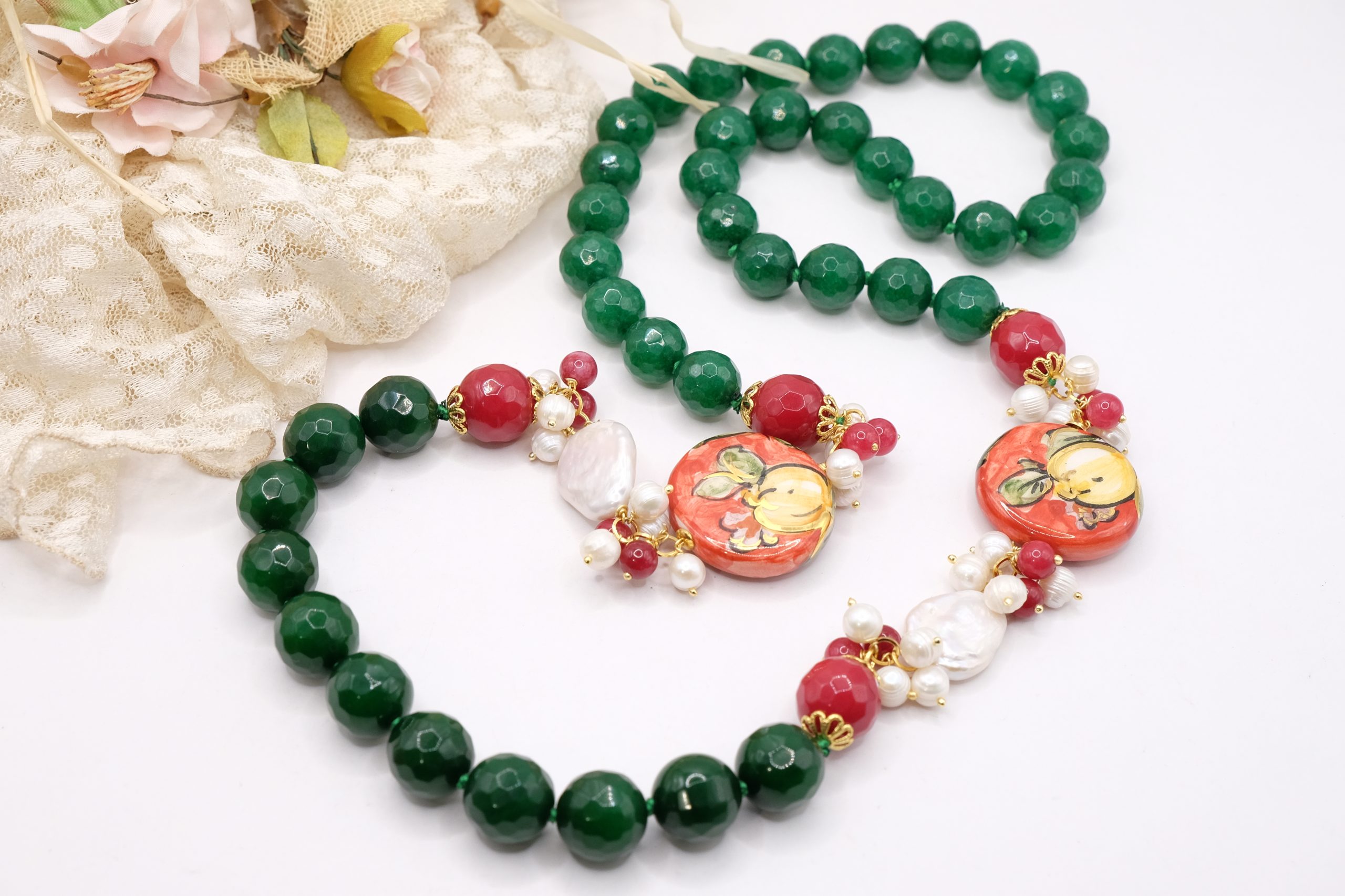 COLLANA ARTIGIANALE SICILIANA GIADA VERDE BORGOGNA CERAMICA DI CALTAGIRONE PERLA PERLE (1)