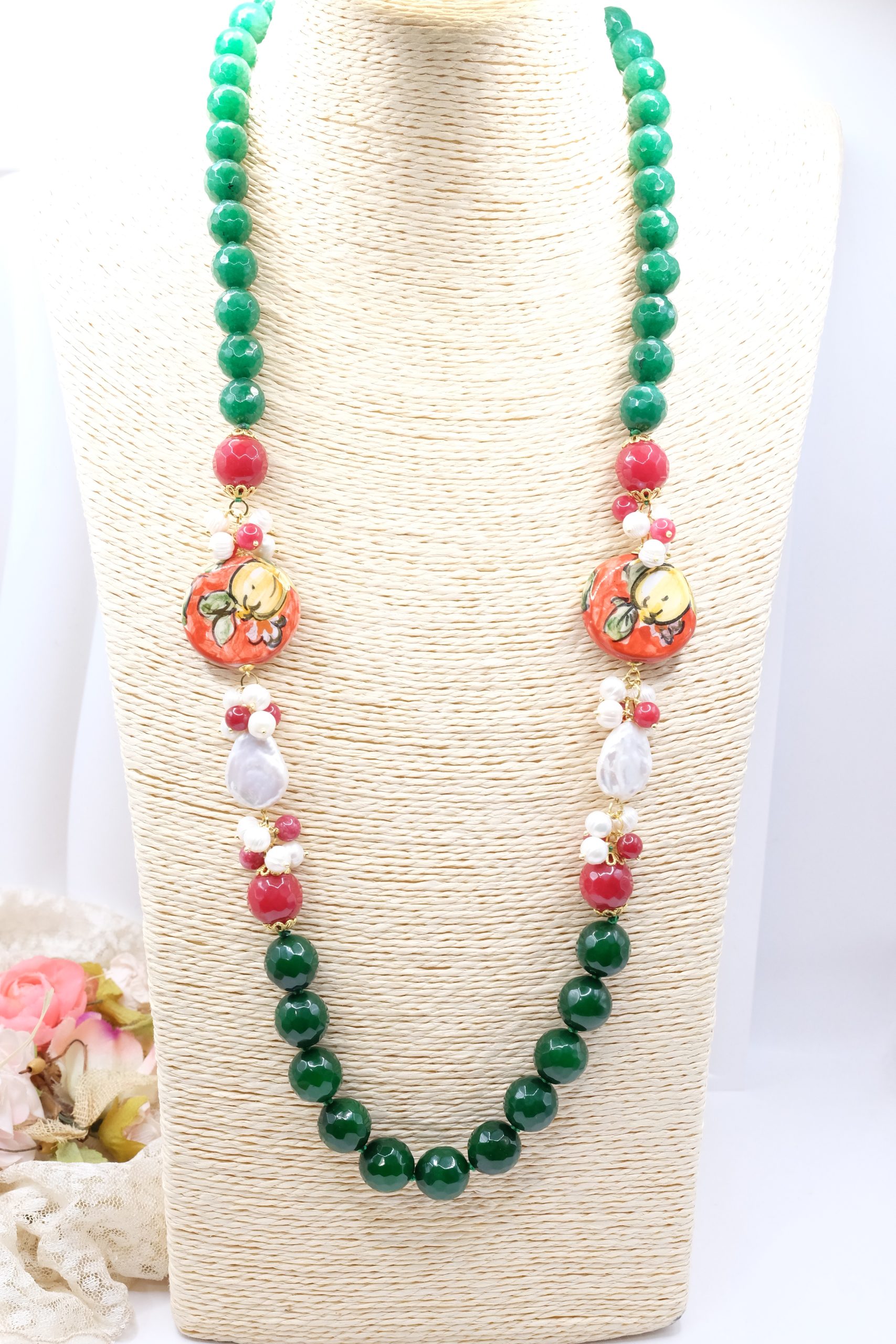 COLLANA ARTIGIANALE SICILIANA GIADA VERDE BORGOGNA CERAMICA DI CALTAGIRONE PERLA PERLE (2)
