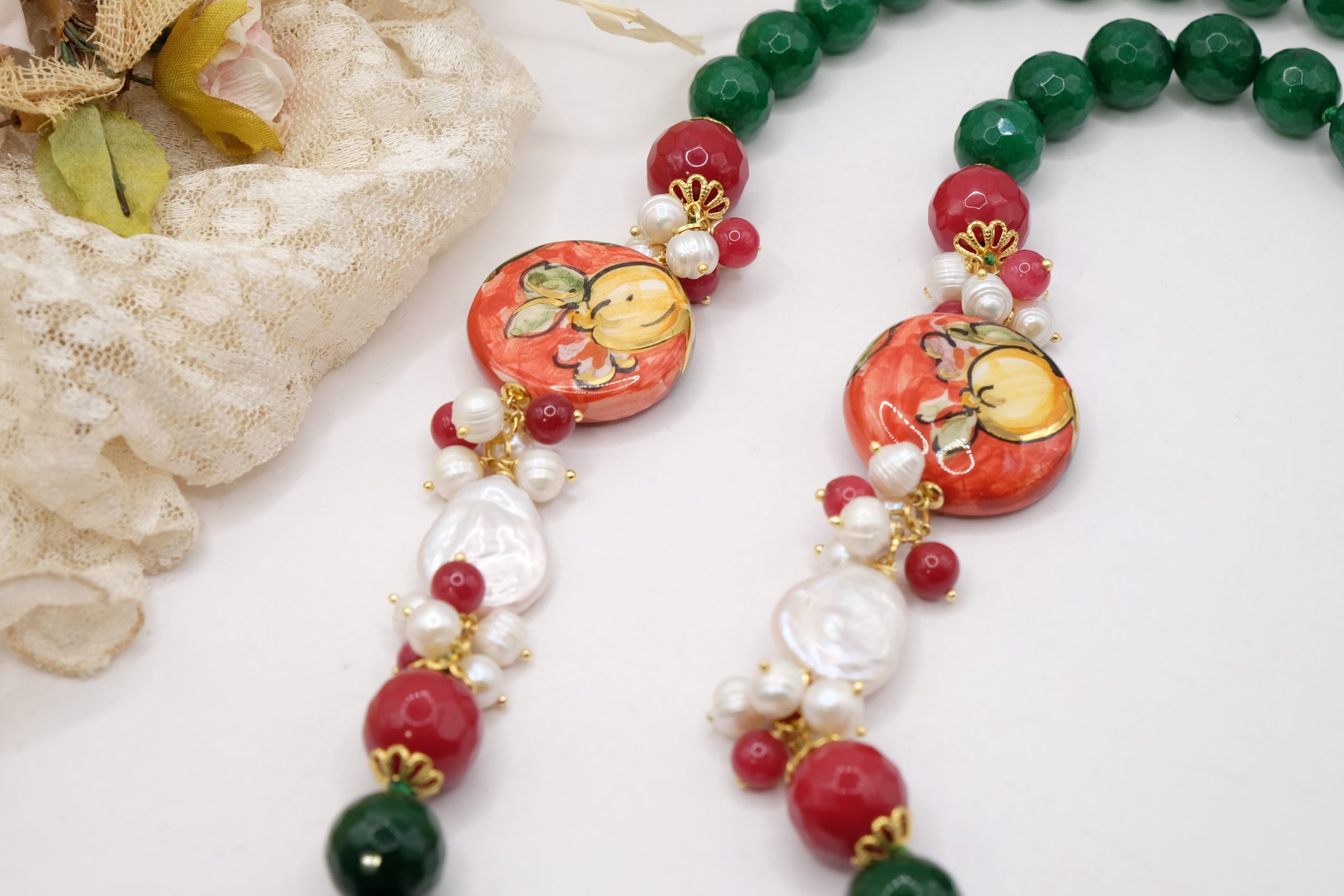 COLLANA ARTIGIANALE SICILIANA GIADA VERDE BORGOGNA CERAMICA DI CALTAGIRONE PERLA PERLE (3)