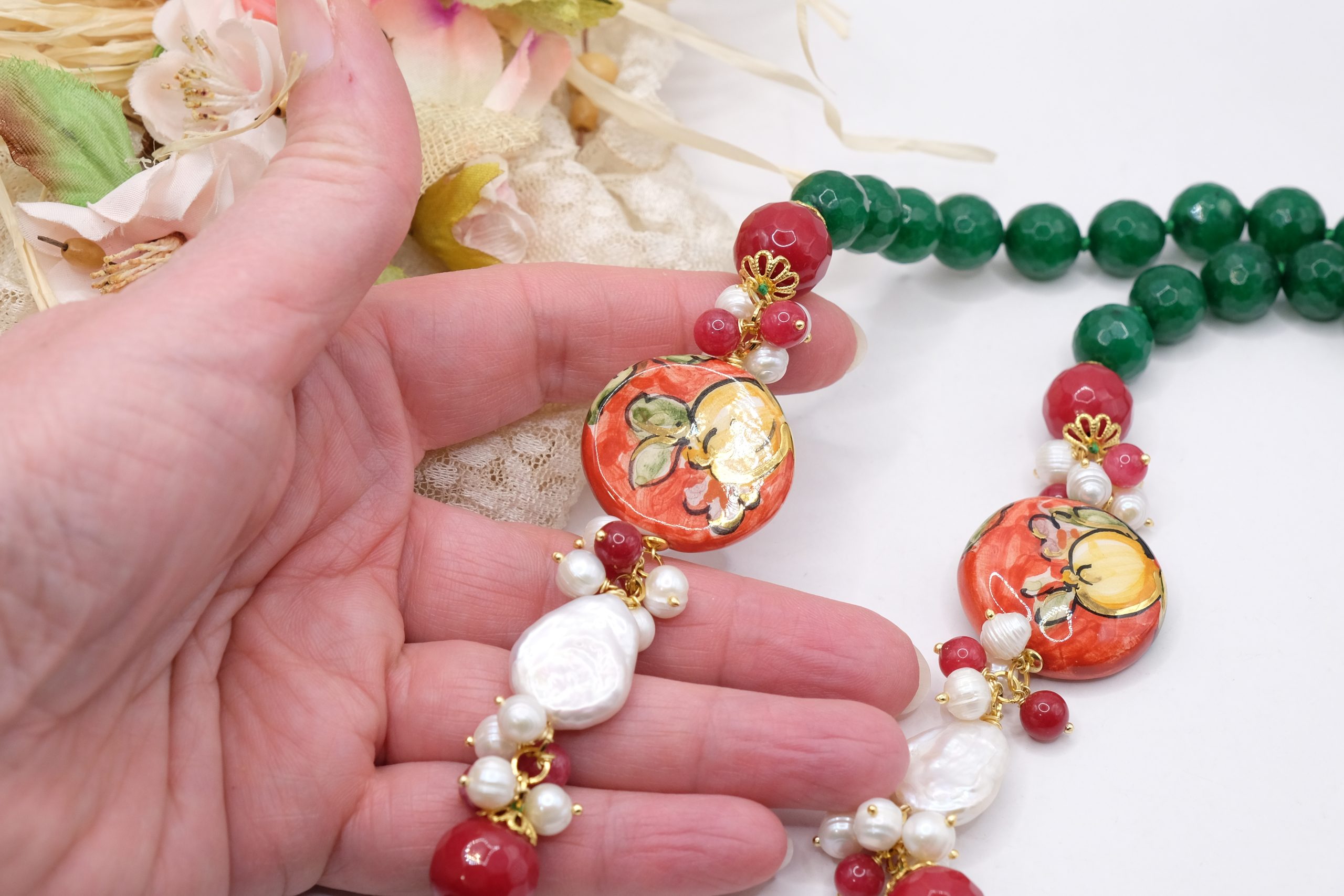 COLLANA ARTIGIANALE SICILIANA GIADA VERDE BORGOGNA CERAMICA DI CALTAGIRONE PERLA PERLE (4)