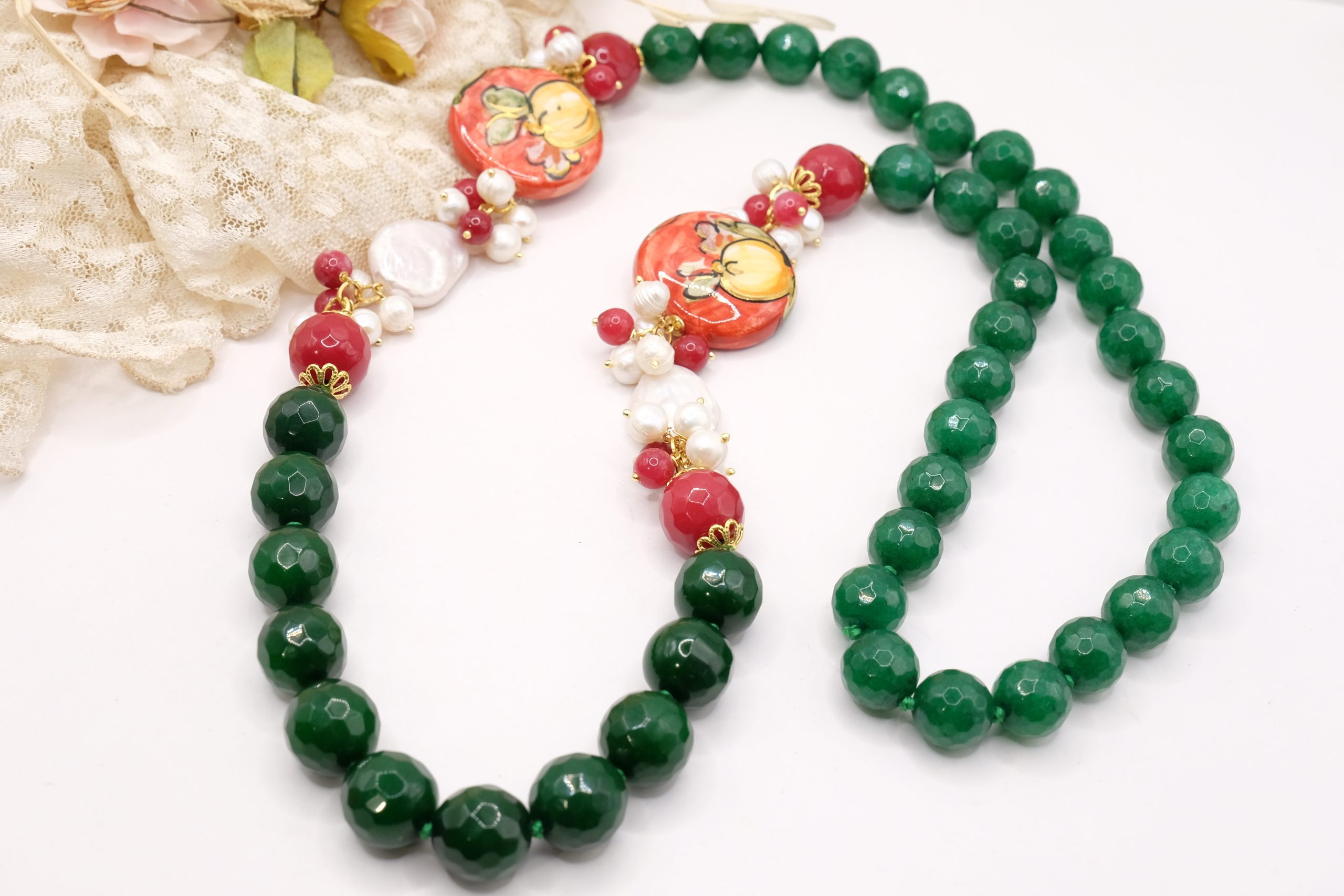 COLLANA ARTIGIANALE SICILIANA GIADA VERDE BORGOGNA CERAMICA DI CALTAGIRONE PERLA PERLE (6)