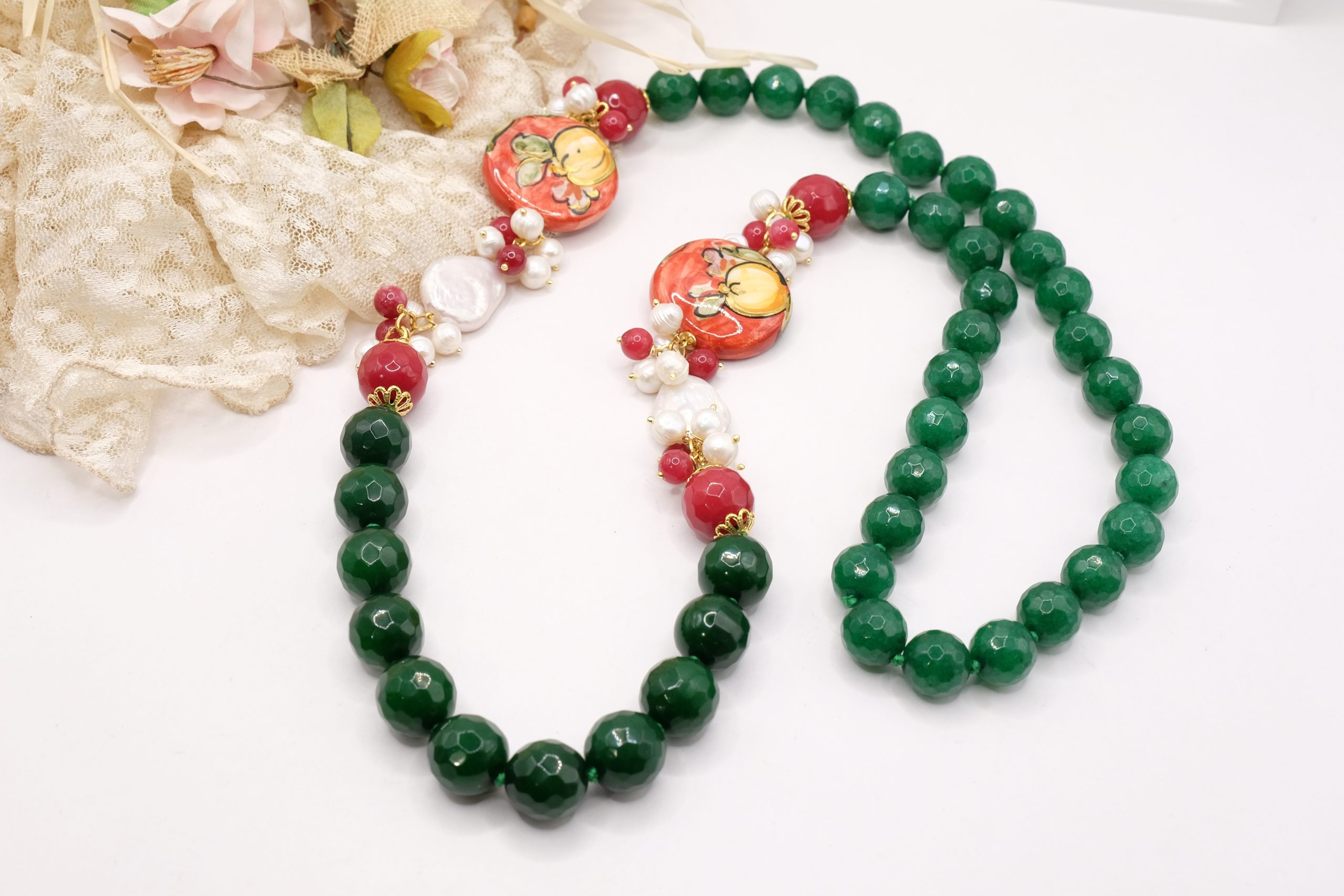 COLLANA ARTIGIANALE SICILIANA GIADA VERDE BORGOGNA CERAMICA DI CALTAGIRONE PERLA PERLE (7)