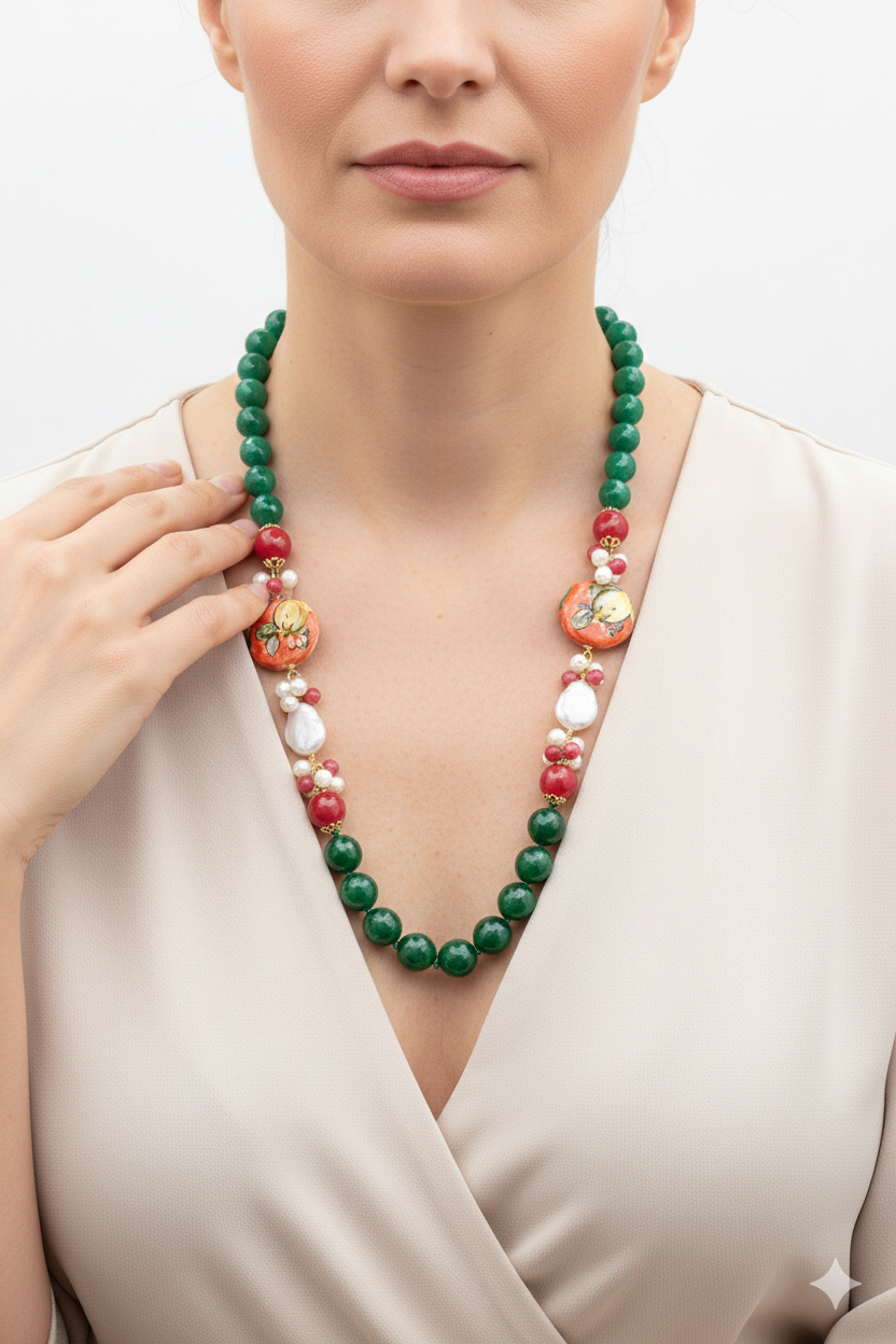 COLLANA ARTIGIANALE SICILIANA GIADA VERDE BORGOGNA CERAMICA DI CALTAGIRONE PERLA PERLE