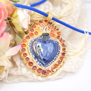 Collana Sacro Cuore Barocco in Ceramica e Cordino Blu