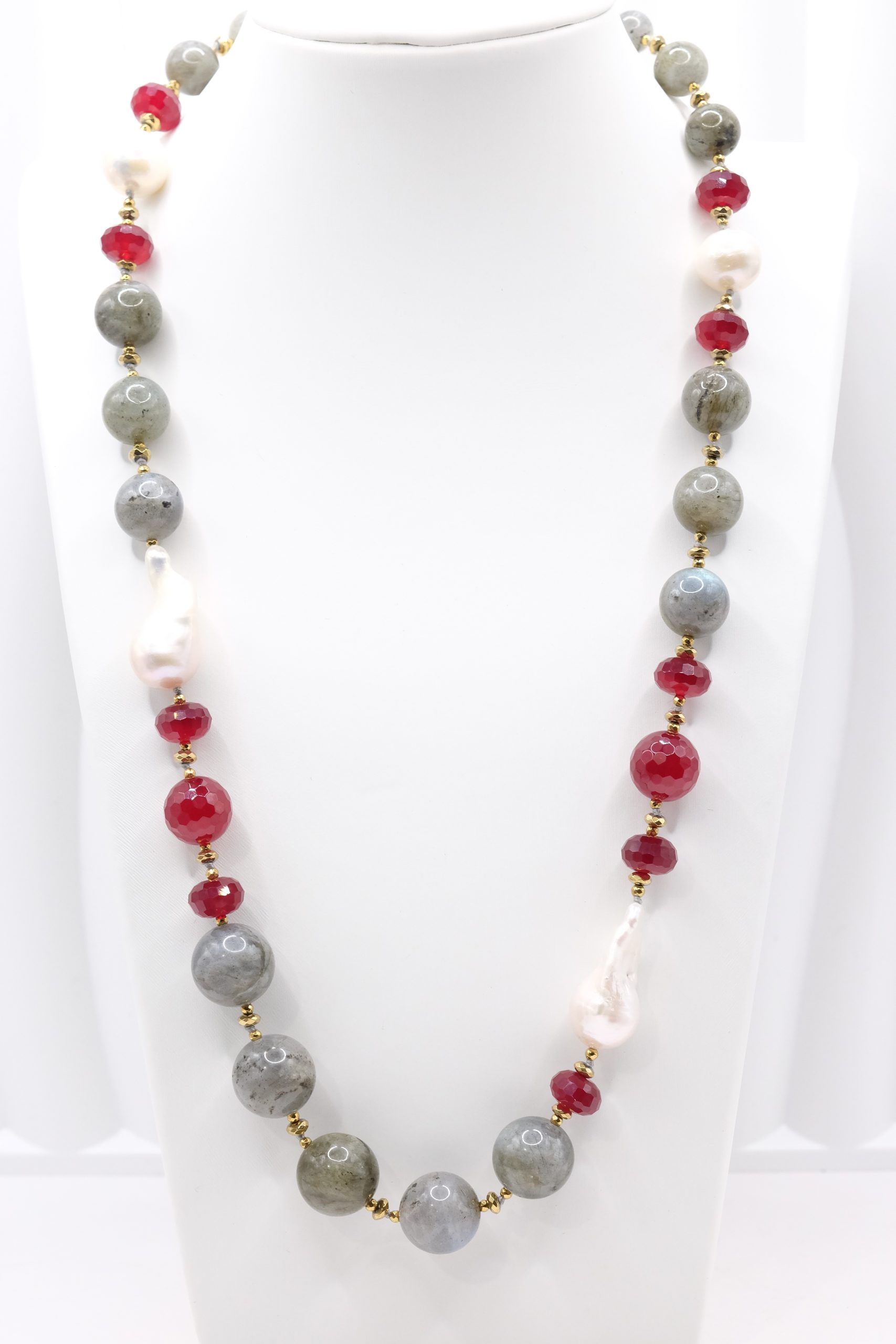 HANDMADE DECOLLETE' NECKLACE LABRADORITE BURGUNDY JADE PEARLS 925 SILVER (2)