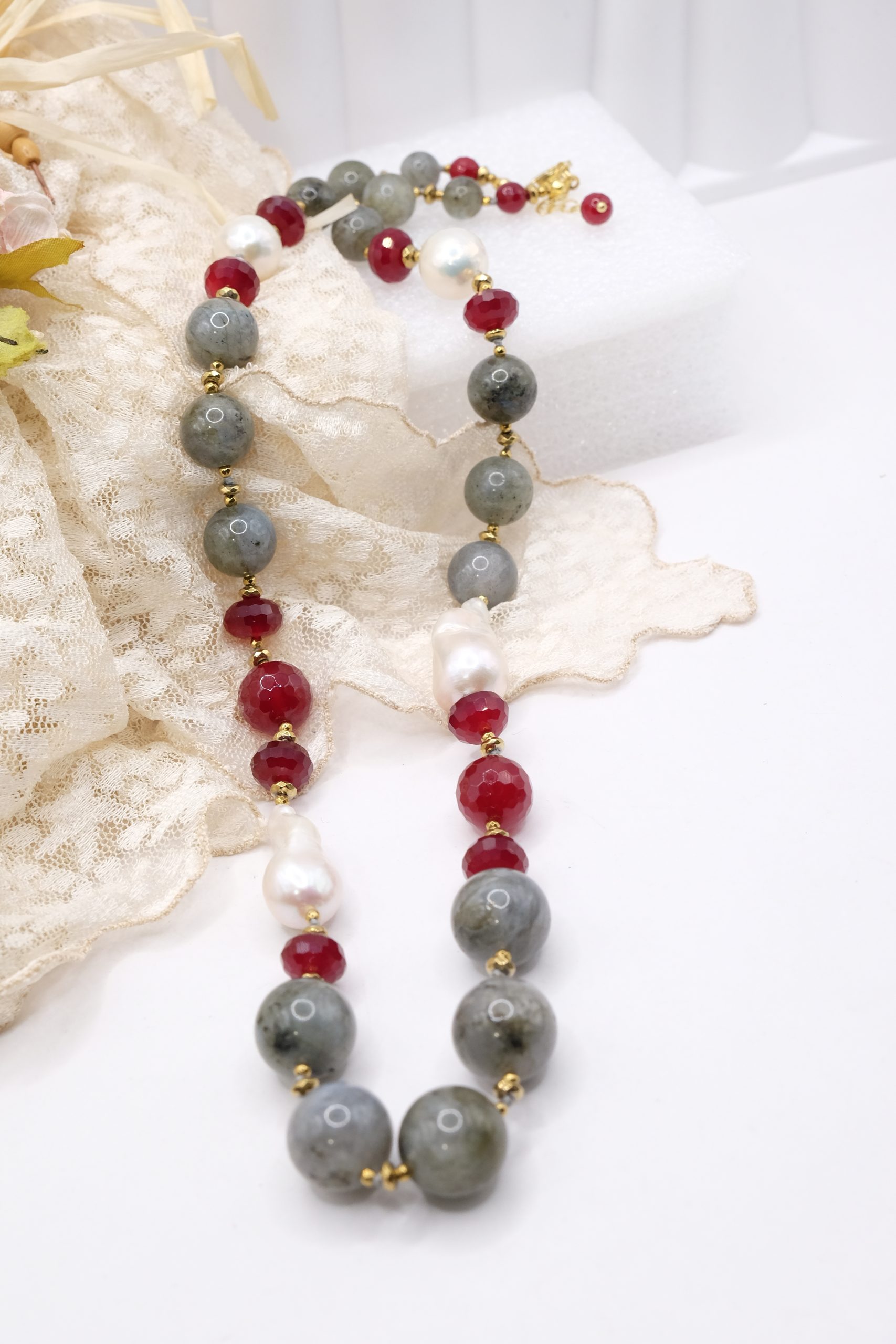 HANDMADE DECOLLETE' NECKLACE LABRADORITE BURGUNDY JADE PEARLS 925 SILVER (3)