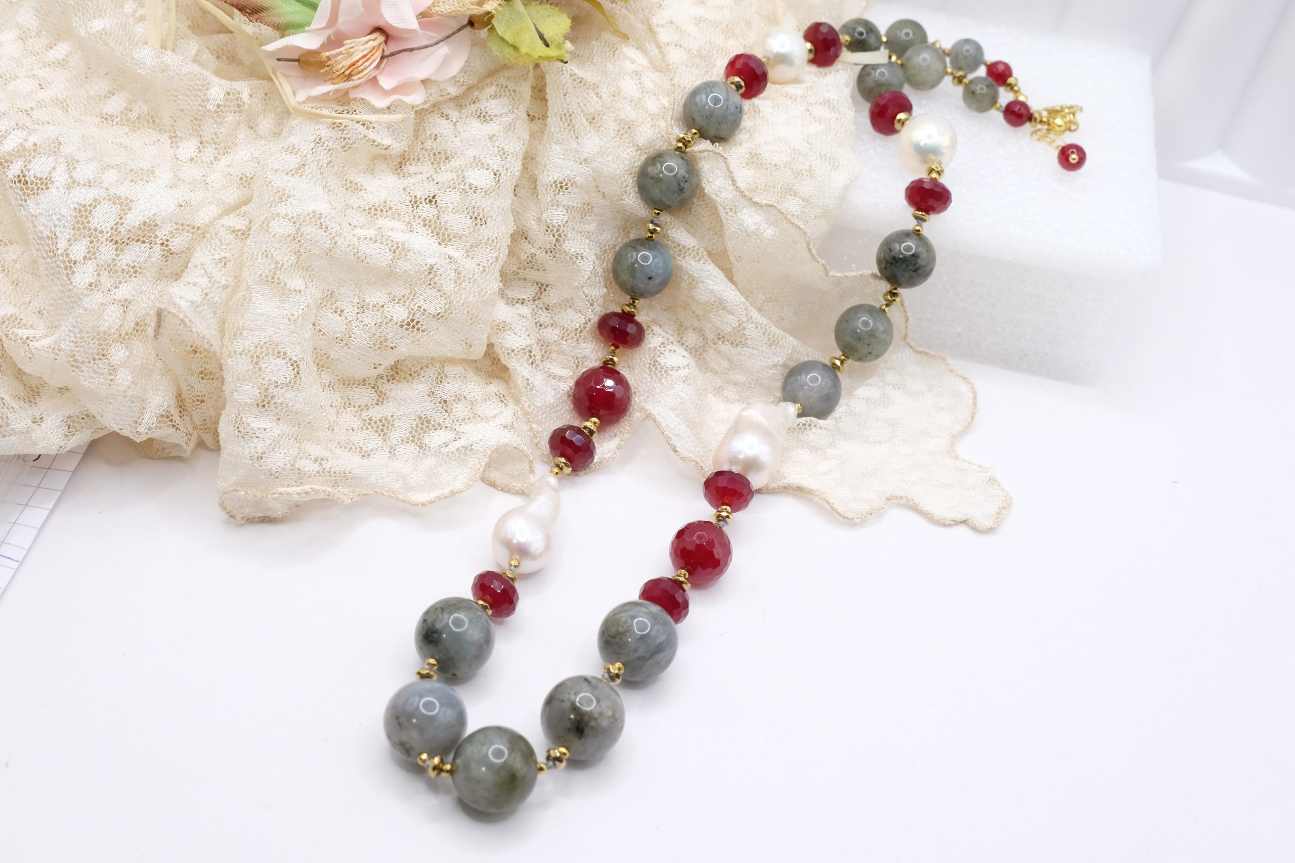 HANDMADE DECOLLETE' NECKLACE LABRADORITE BURGUNDY JADE PEARLS 925 SILVER (4)