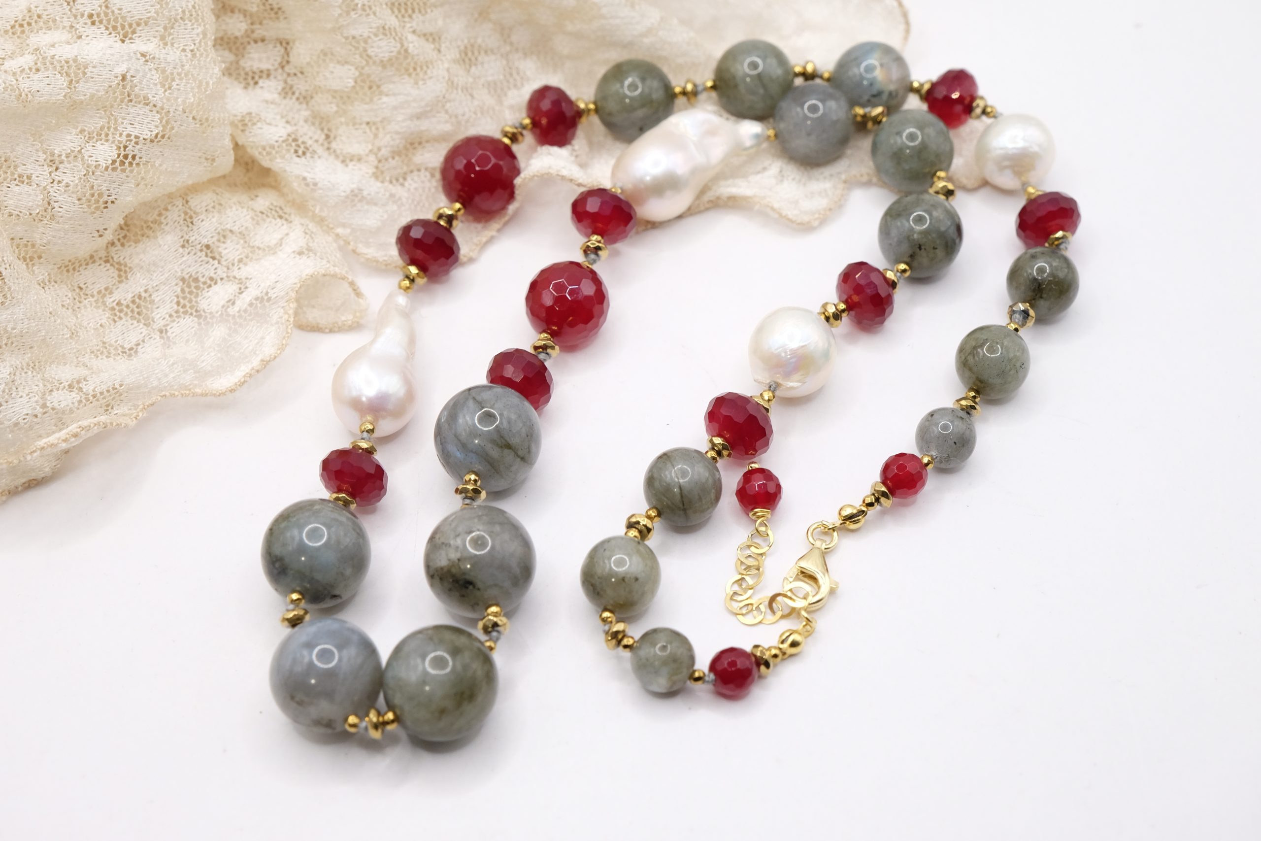 HANDMADE DECOLLETE' NECKLACE LABRADORITE BURGUNDY JADE PEARLS 925 SILVER (5)