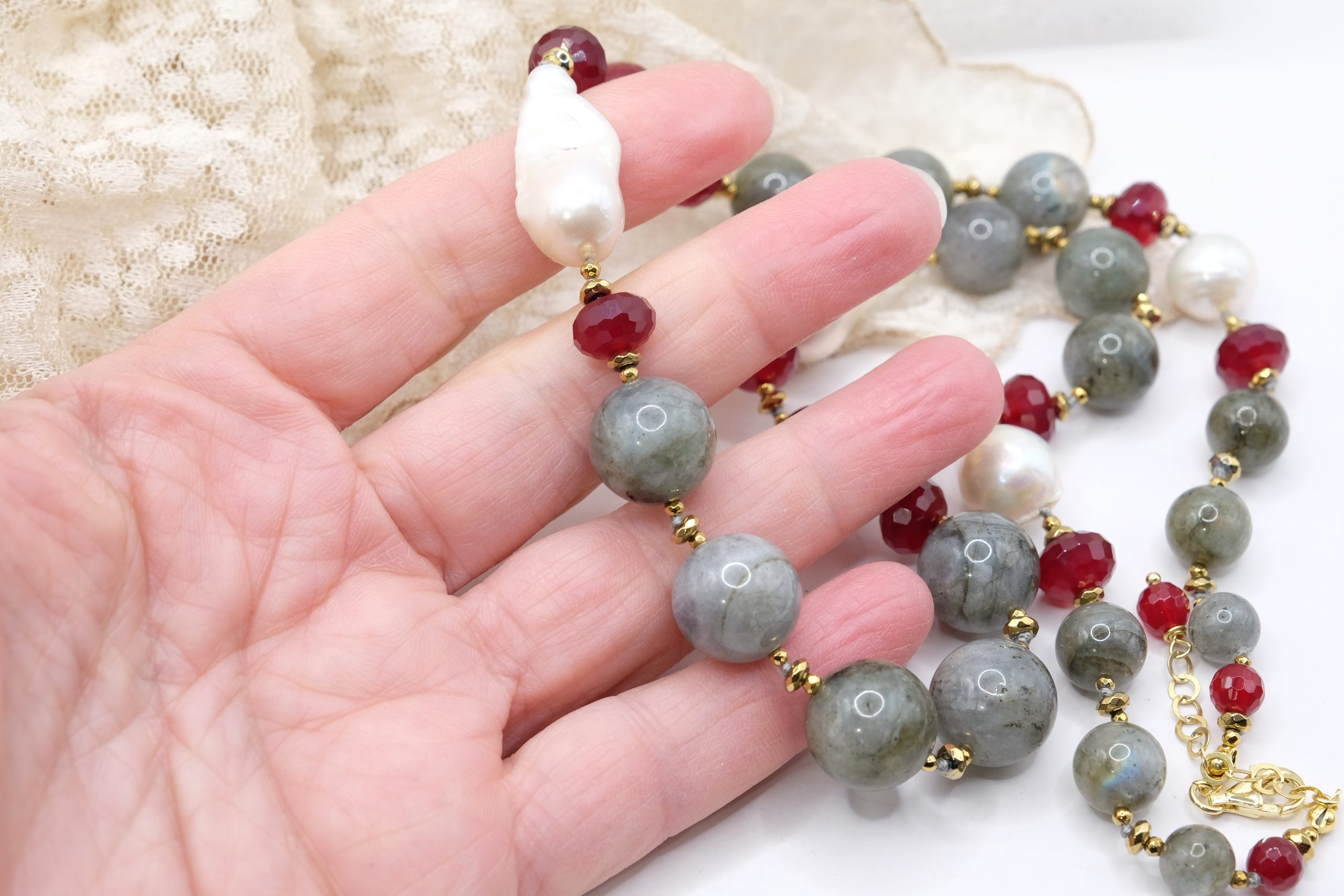HANDMADE DECOLLETE' NECKLACE LABRADORITE BURGUNDY JADE PEARLS 925 SILVER (6)