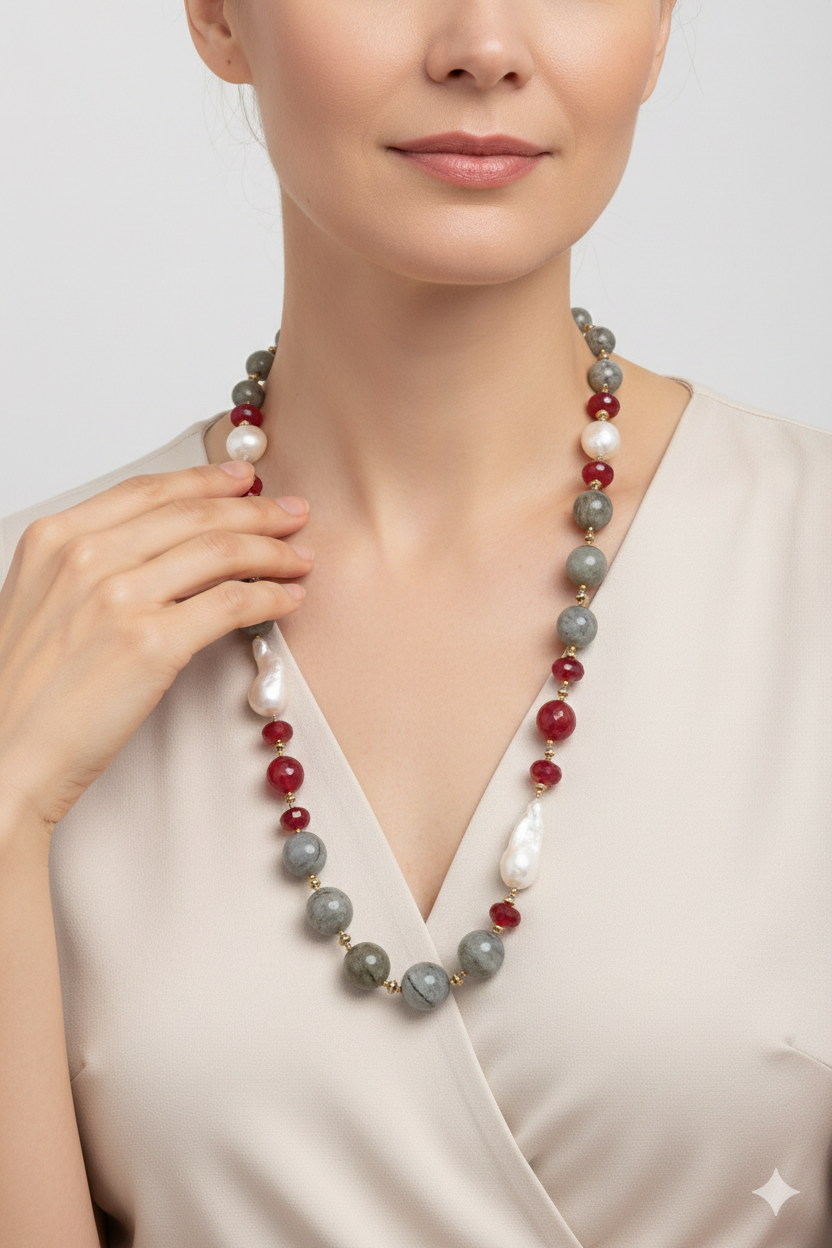 Handcrafted labradorite, burgundy jade, pearl and 925 silver necklace