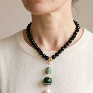 Collana Artigianale Ciondolo Nepalese Onice Tormalina Perla Jet Nero
