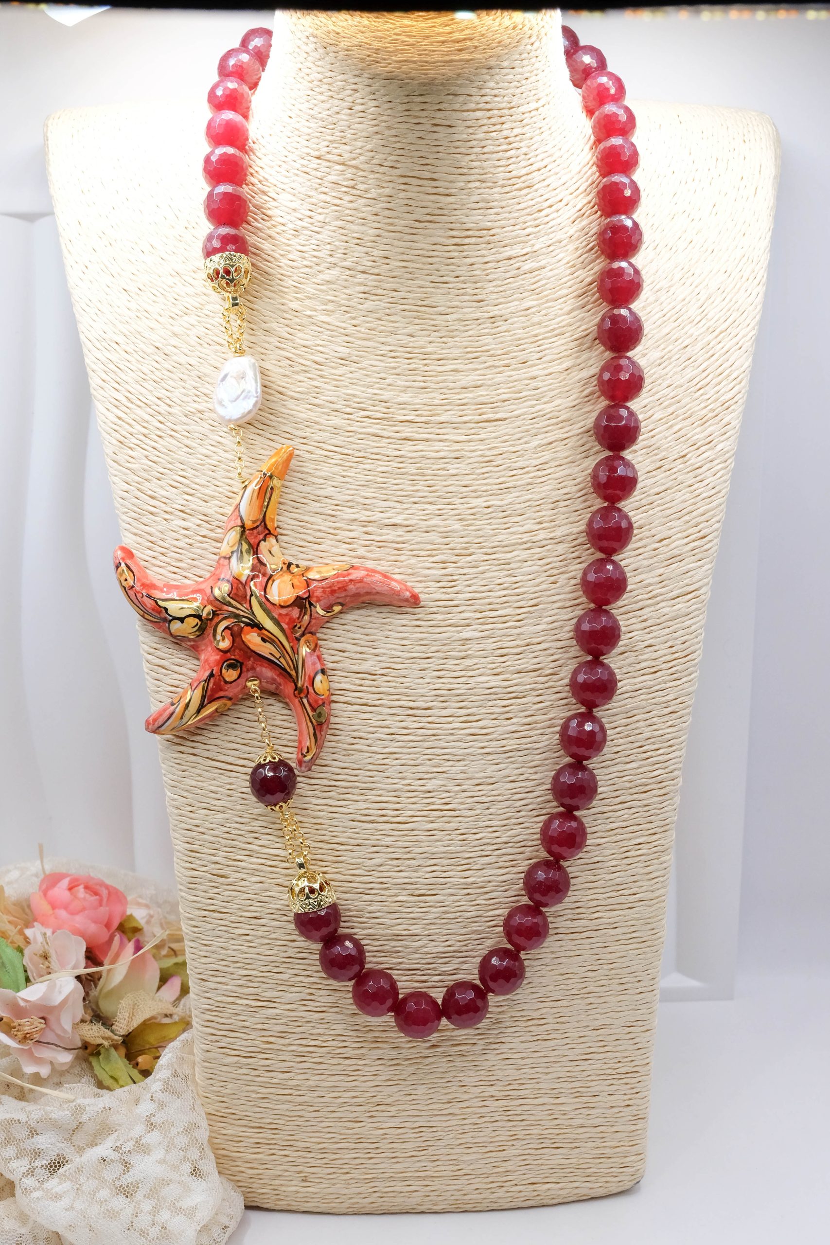 RED JADE STARFISH NECKLACE IN CALTAGIRONE CERAMIC, SICILIAN ARTISAN, DECOLTE' (2)