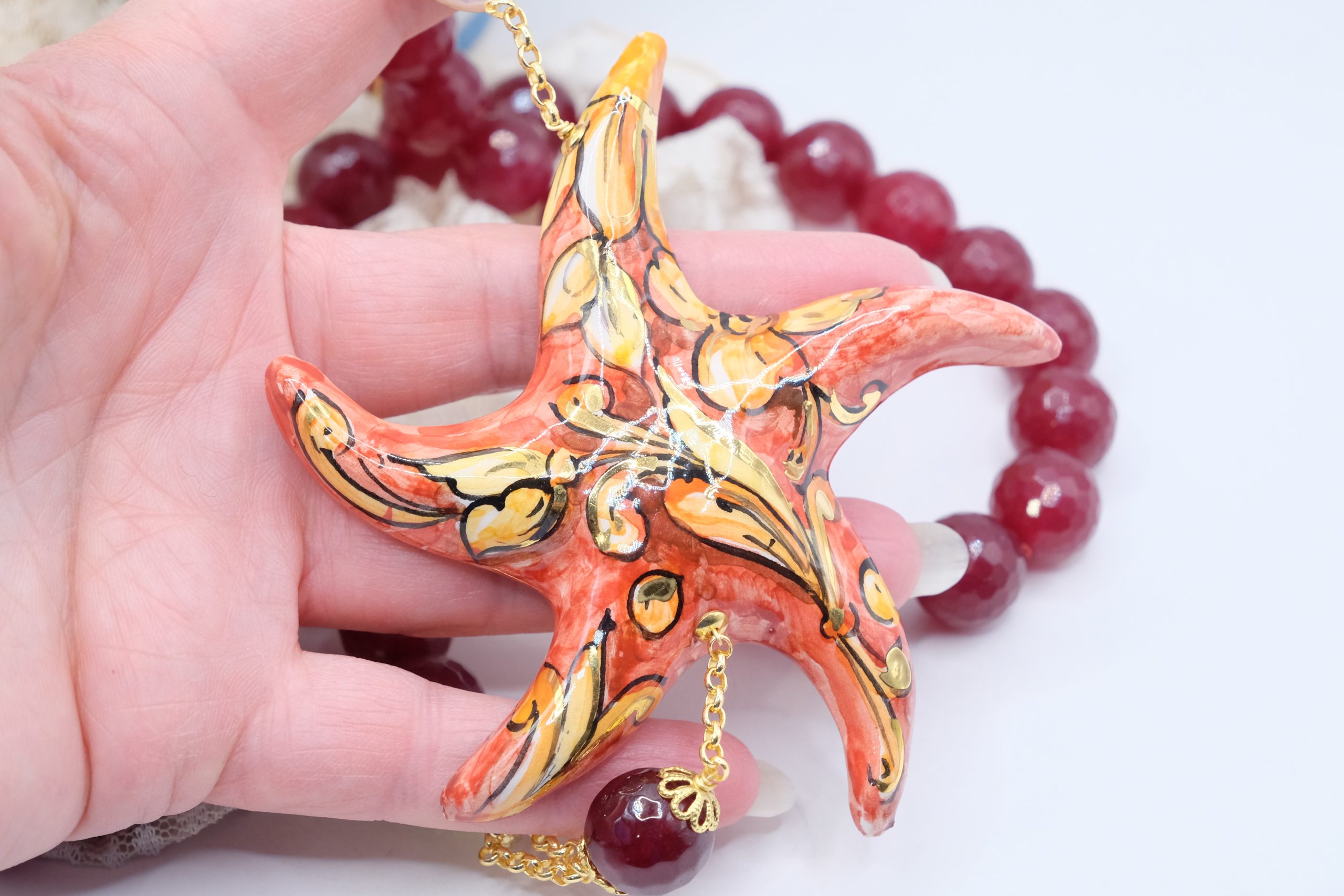 RED JADE STARFISH NECKLACE IN CALTAGIRONE CERAMIC, SICILIAN ARTISAN, DECOLTE' (4)