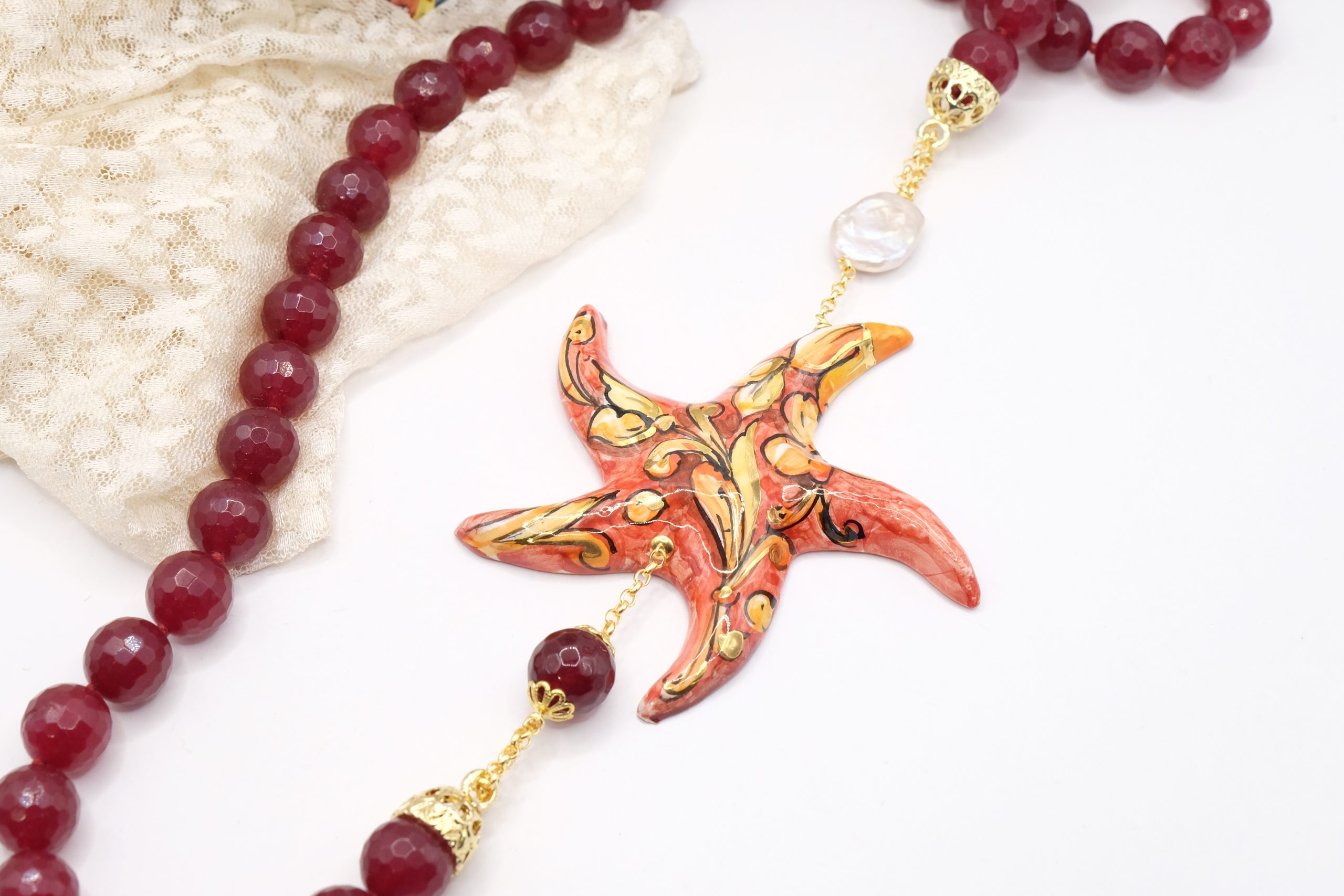 RED JADE STARFISH NECKLACE IN CALTAGIRONE CERAMIC SICILIAN ARTISAN DECOLTE' (5)