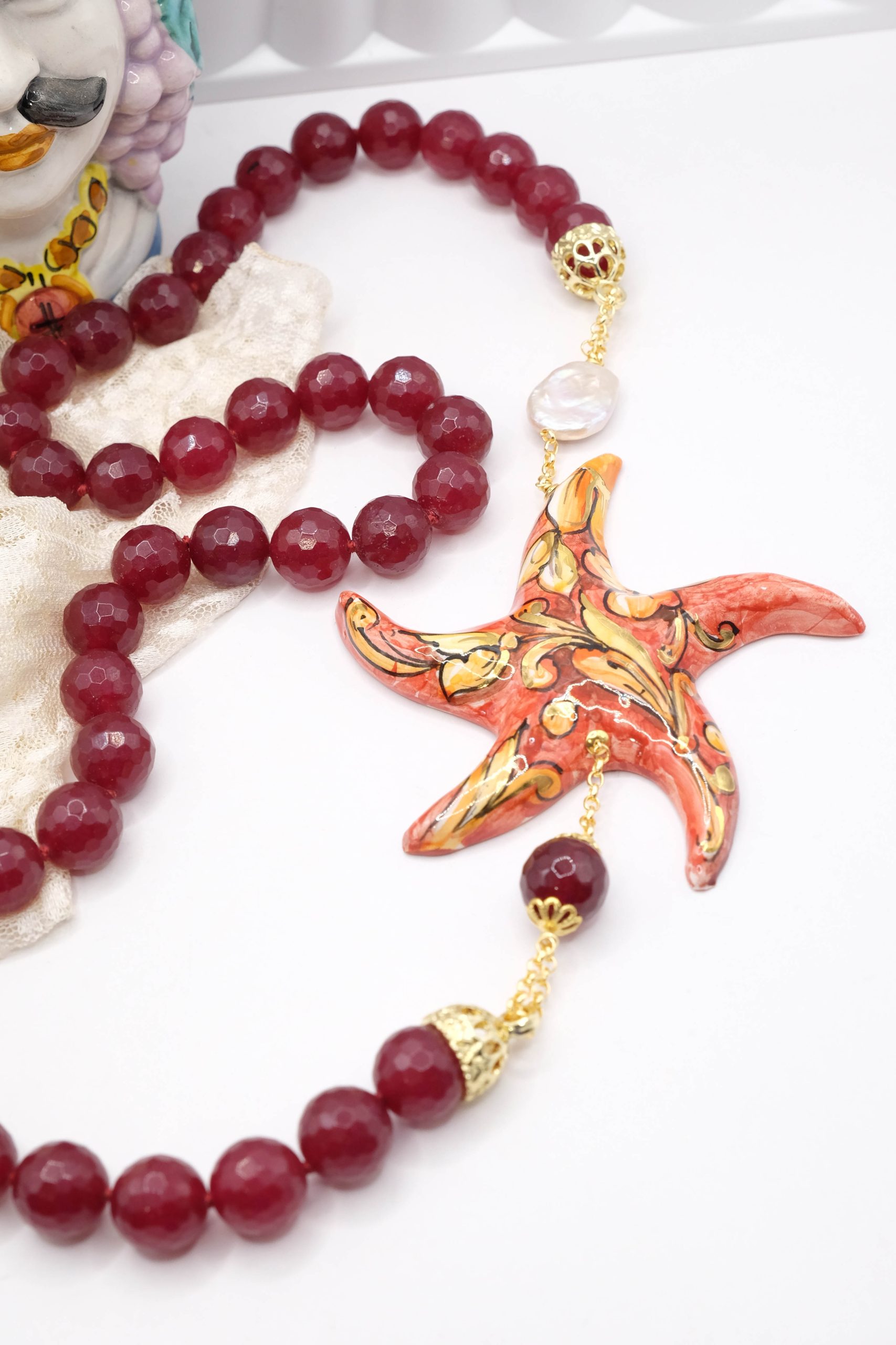 RED JADE STARFISH NECKLACE IN CALTAGIRONE CERAMIC SICILIAN ARTISAN DECOLTE' (6)
