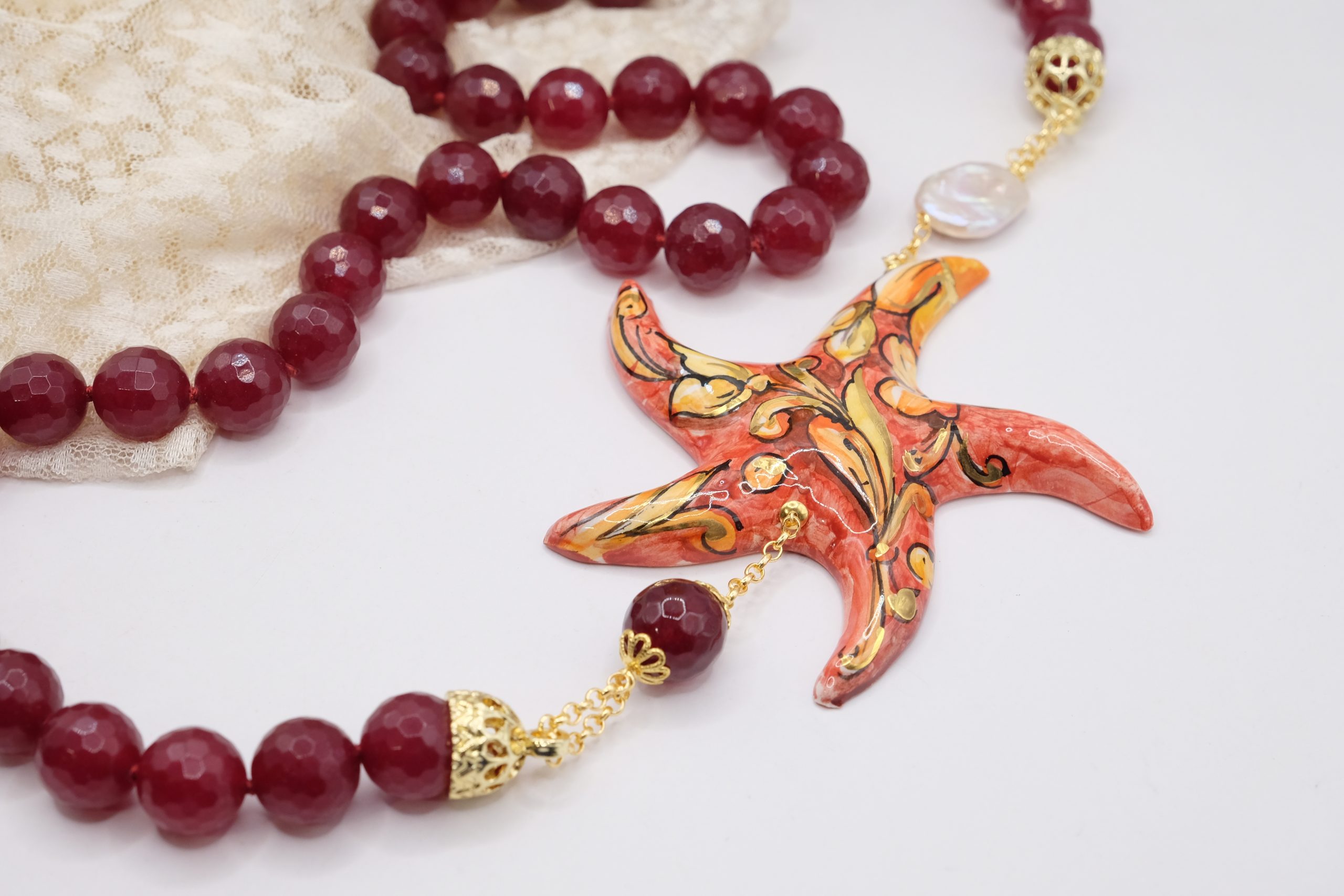 RED JADE STARFISH NECKLACE IN CALTAGIRONE CERAMIC SICILIAN ARTISAN DECOLTE' (7)
