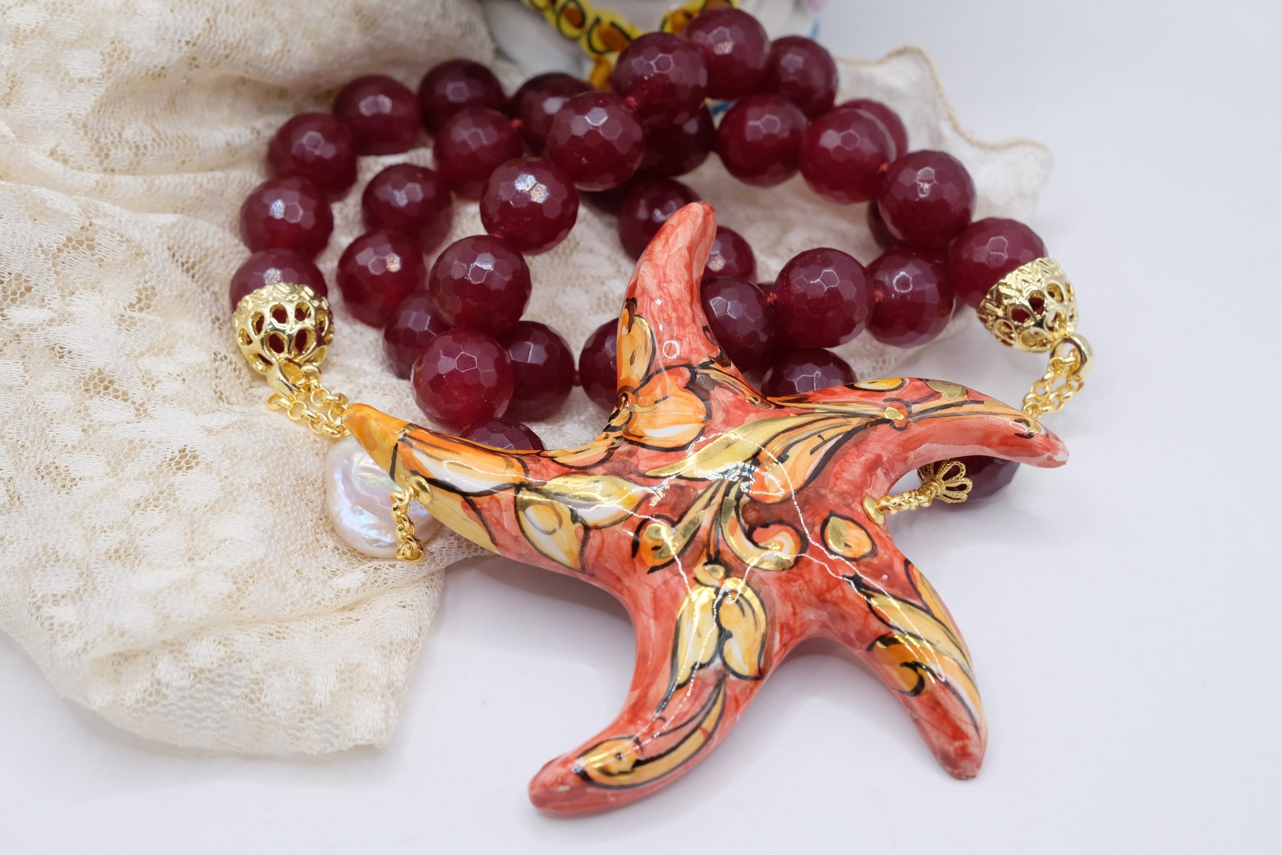 RED JADE STARFISH NECKLACE IN CALTAGIRONE CERAMIC SICILIAN ARTISAN DECOLTE' (8)