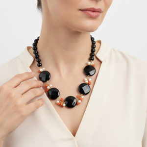Collana Girocollo Onice Perle e Corallo Rosso del Mediterraneo