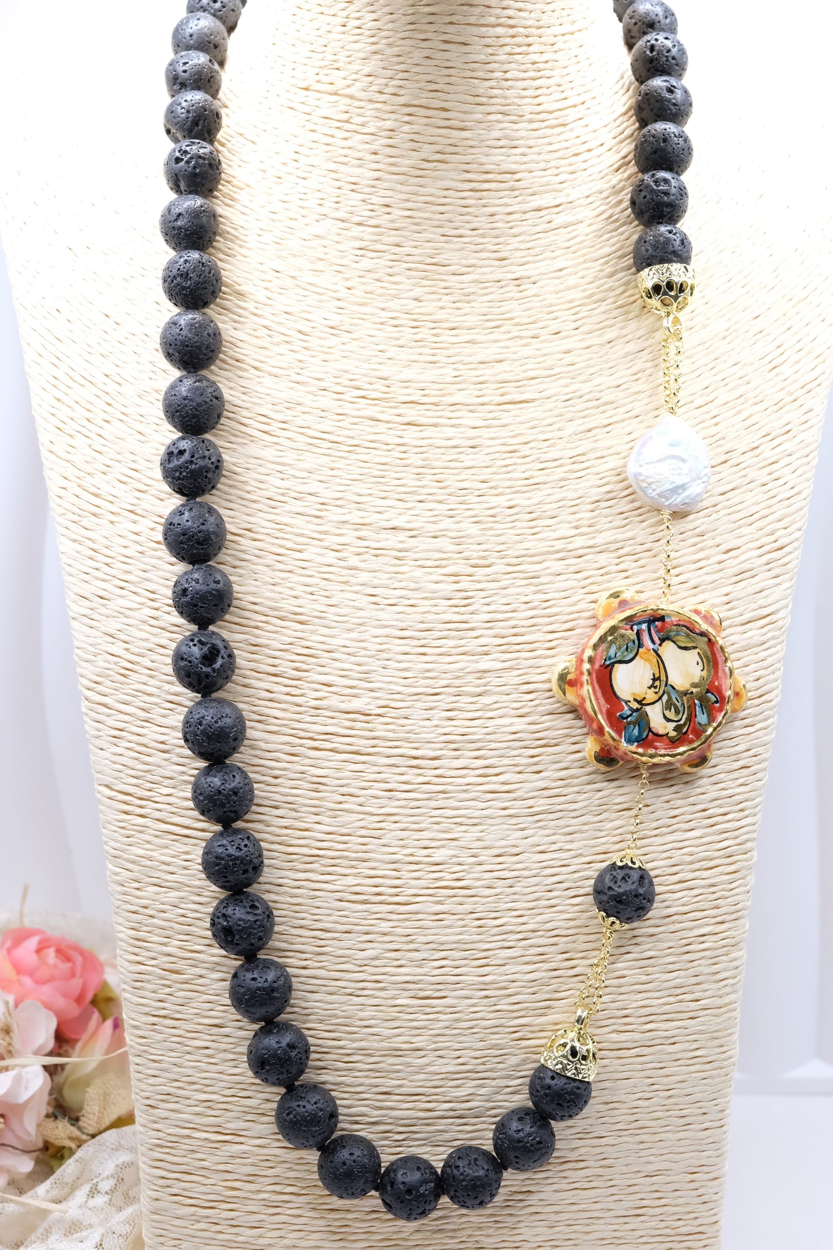 LAVA STONE NECKLACE TAMBURELLO PEARL CALTAGIRONE CERAMIC HANDMADE SICILIAN (2)