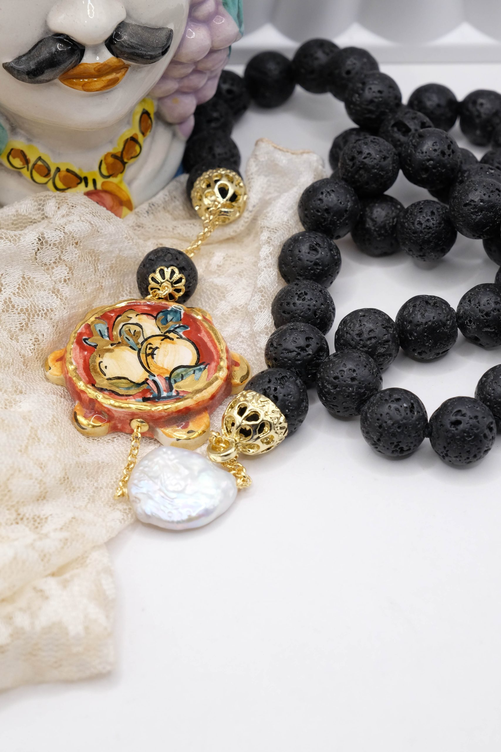 LAVA STONE NECKLACE TAMBURELLO PEARL CALTAGIRONE CERAMIC HANDMADE SICILIAN (3)