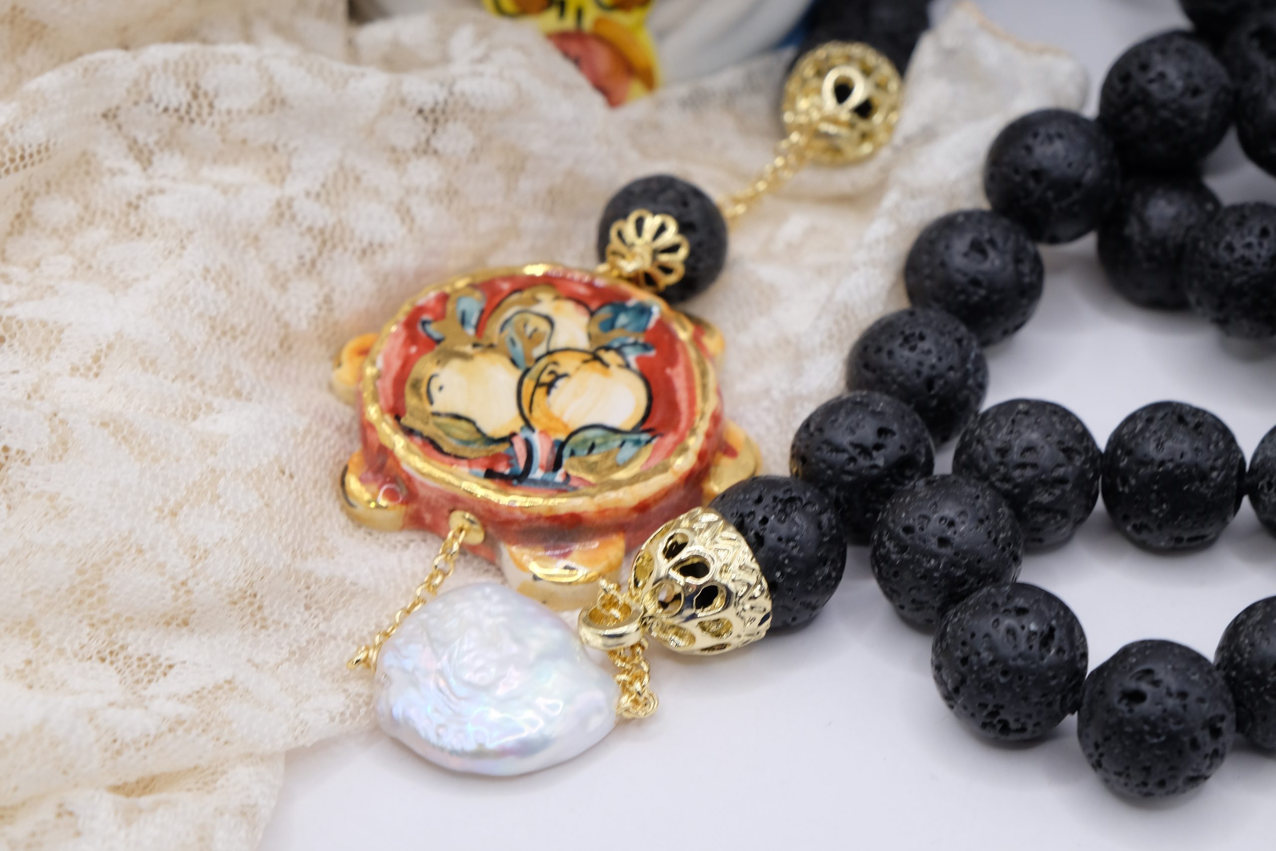 LAVA STONE NECKLACE TAMBURELLO PEARL CALTAGIRONE CERAMIC HANDMADE SICILIAN (4)