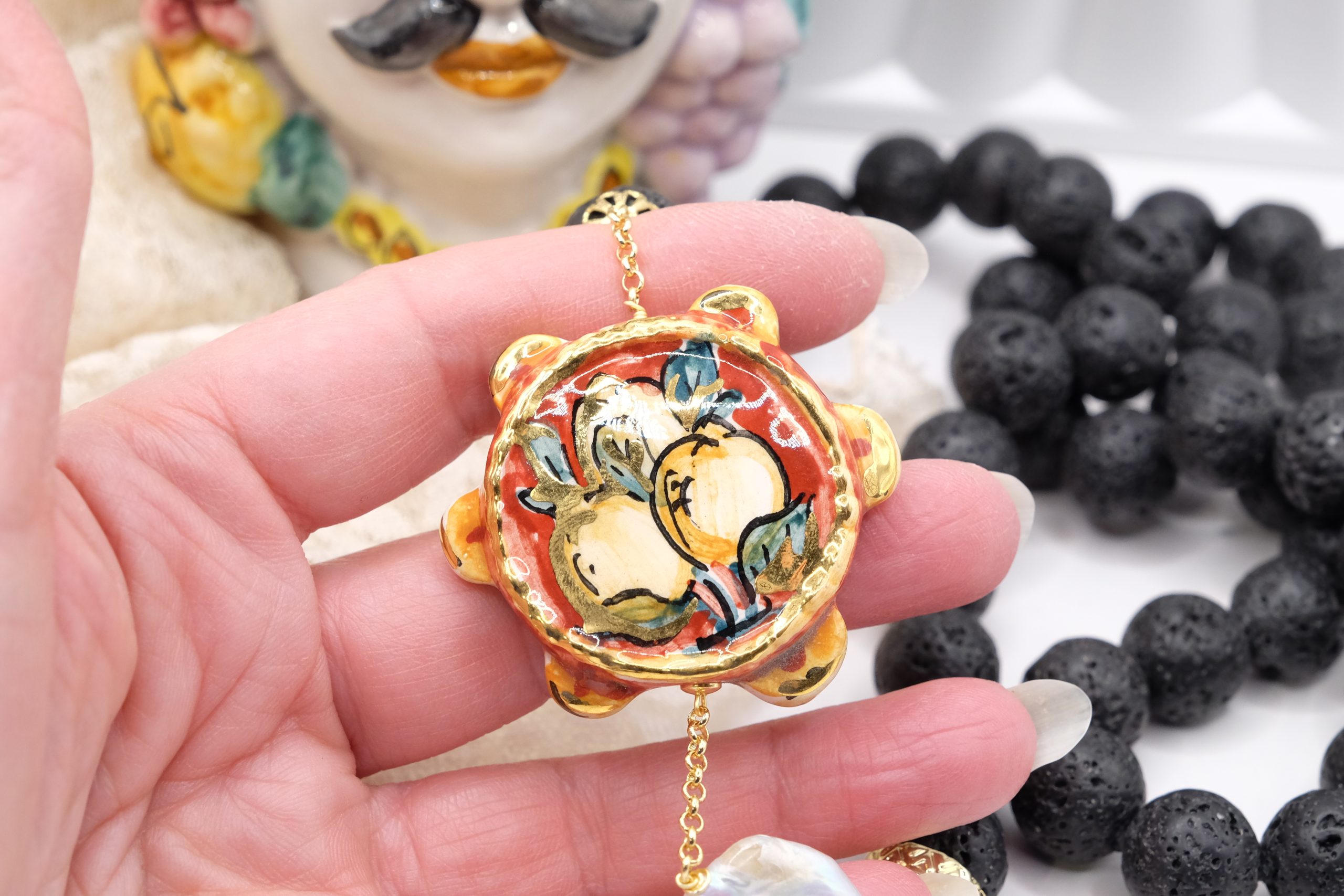 LAVA STONE NECKLACE TAMBURELLO PEARL CALTAGIRONE CERAMIC HANDMADE SICILIAN (5)