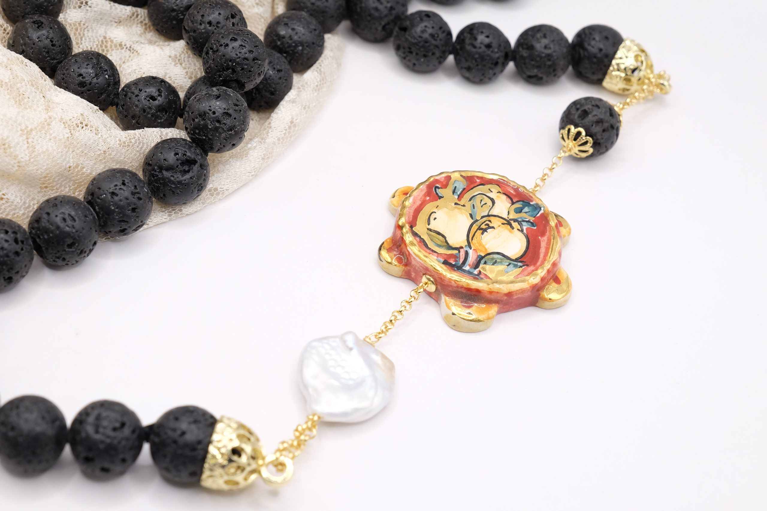 LAVA STONE NECKLACE TAMBURELLO PEARL CALTAGIRONE CERAMIC HANDMADE SICILIAN (6)